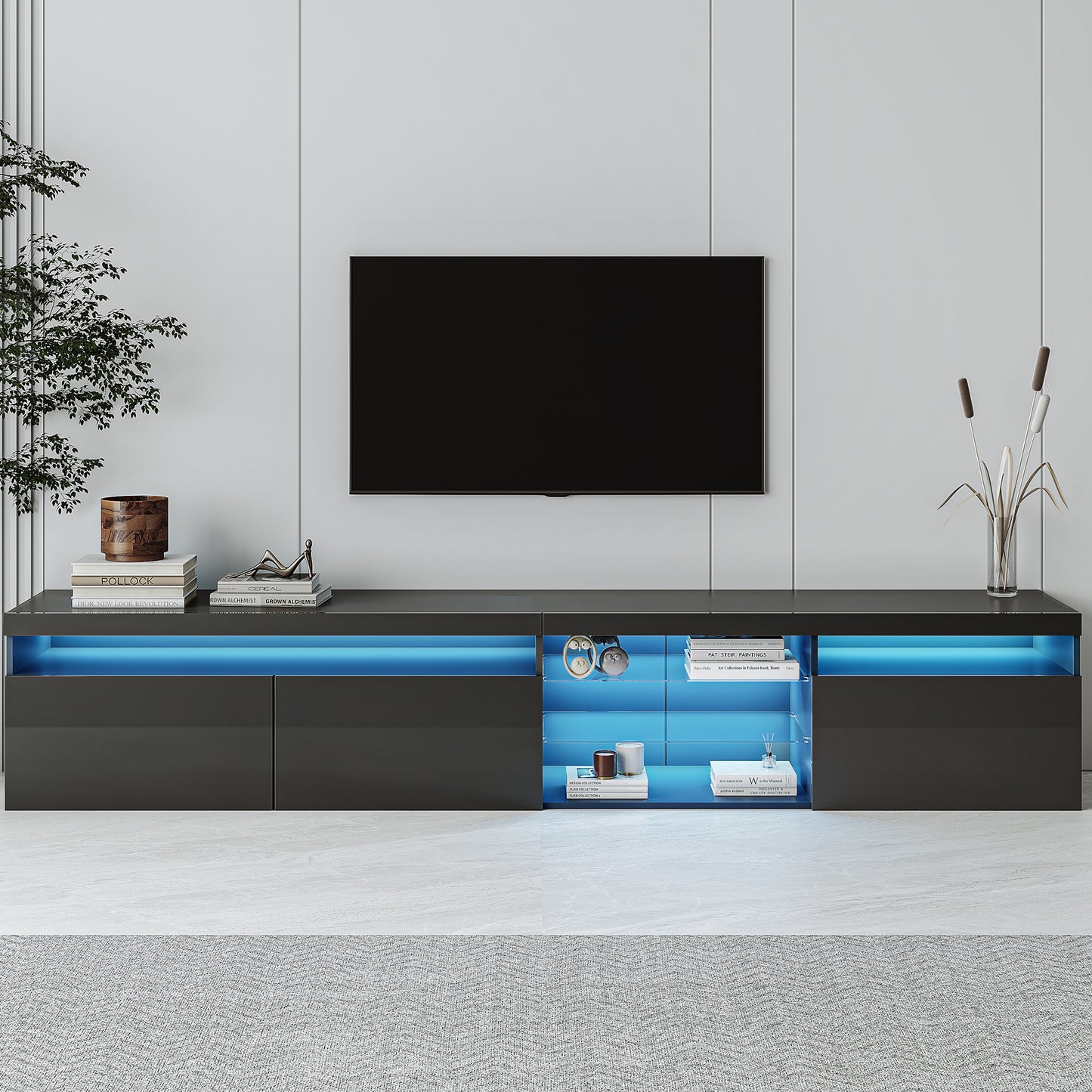 Modern grey media console with blue LED lighting ideal for living rooms