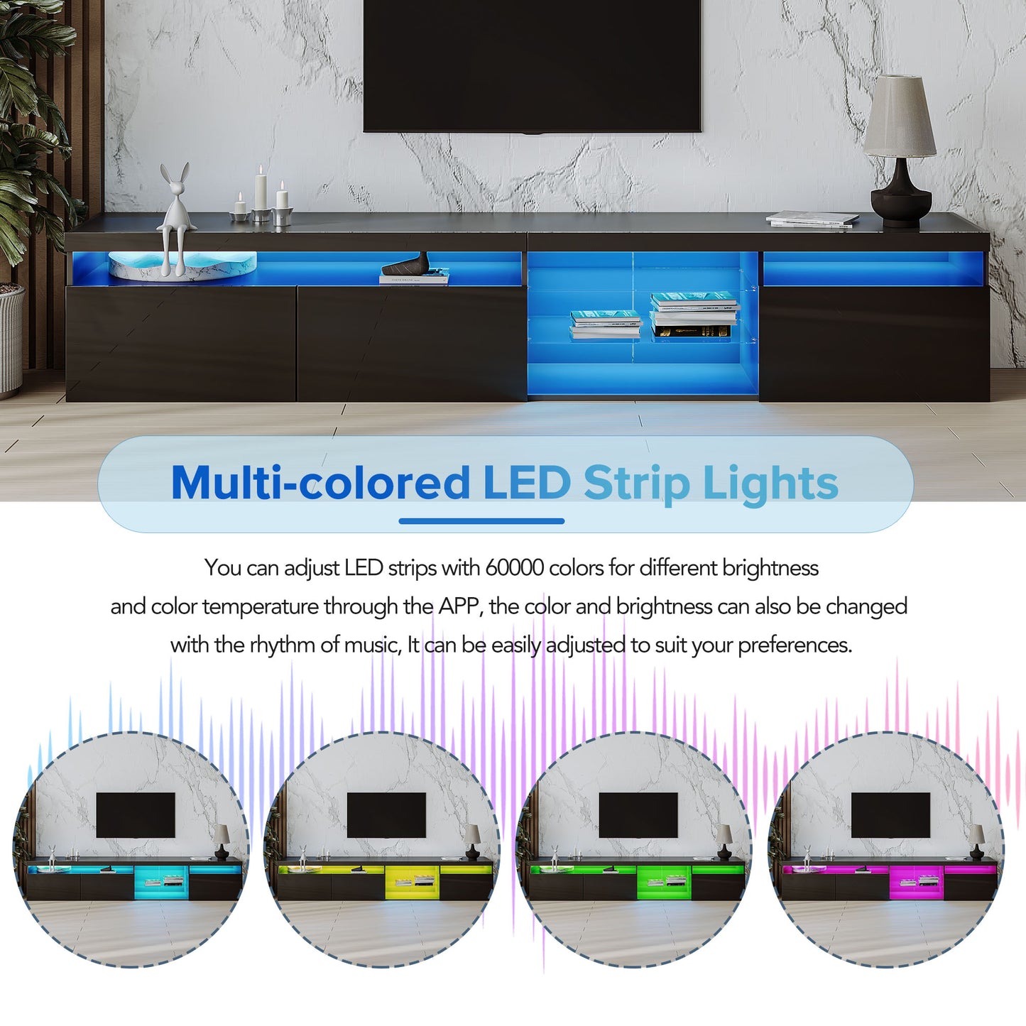 Dark wood media console with vibrant blue LED lighting accents