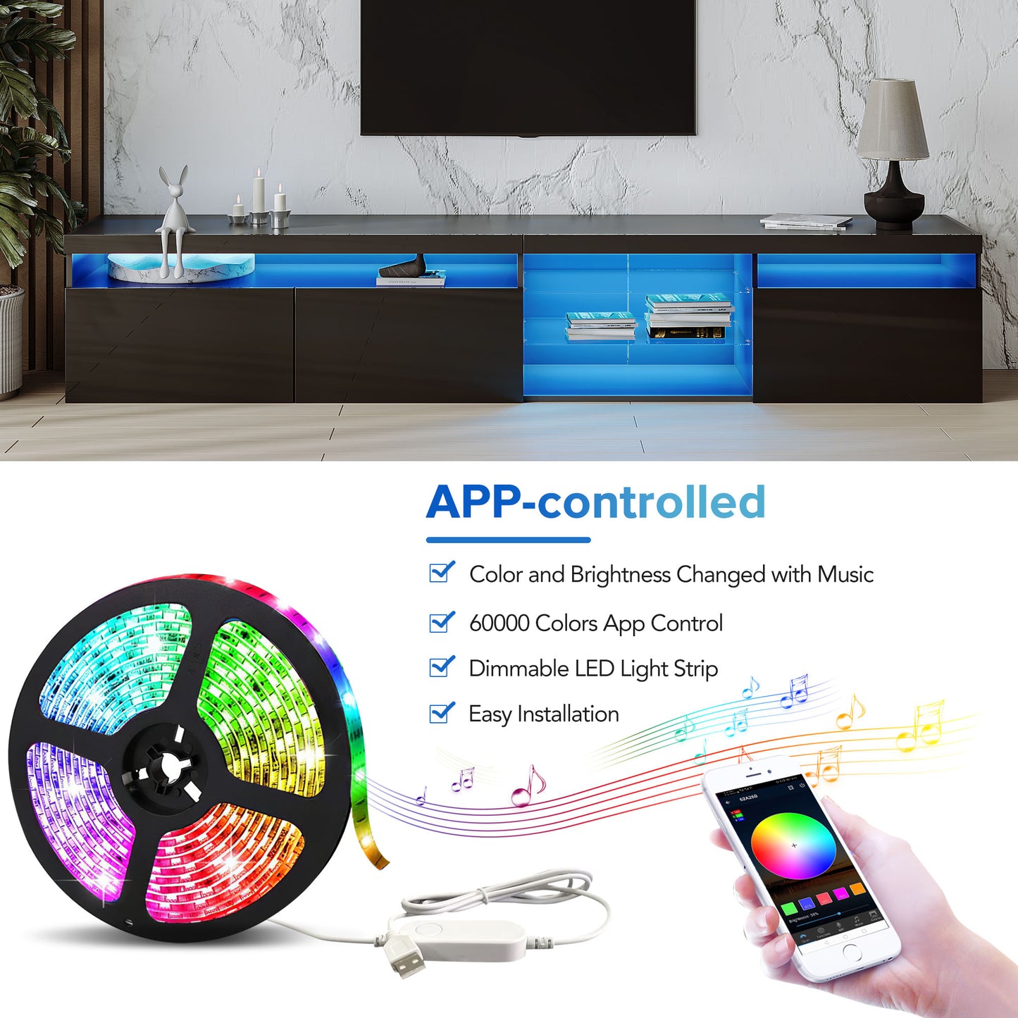 RGB LED light strip with app control colors and dimmable