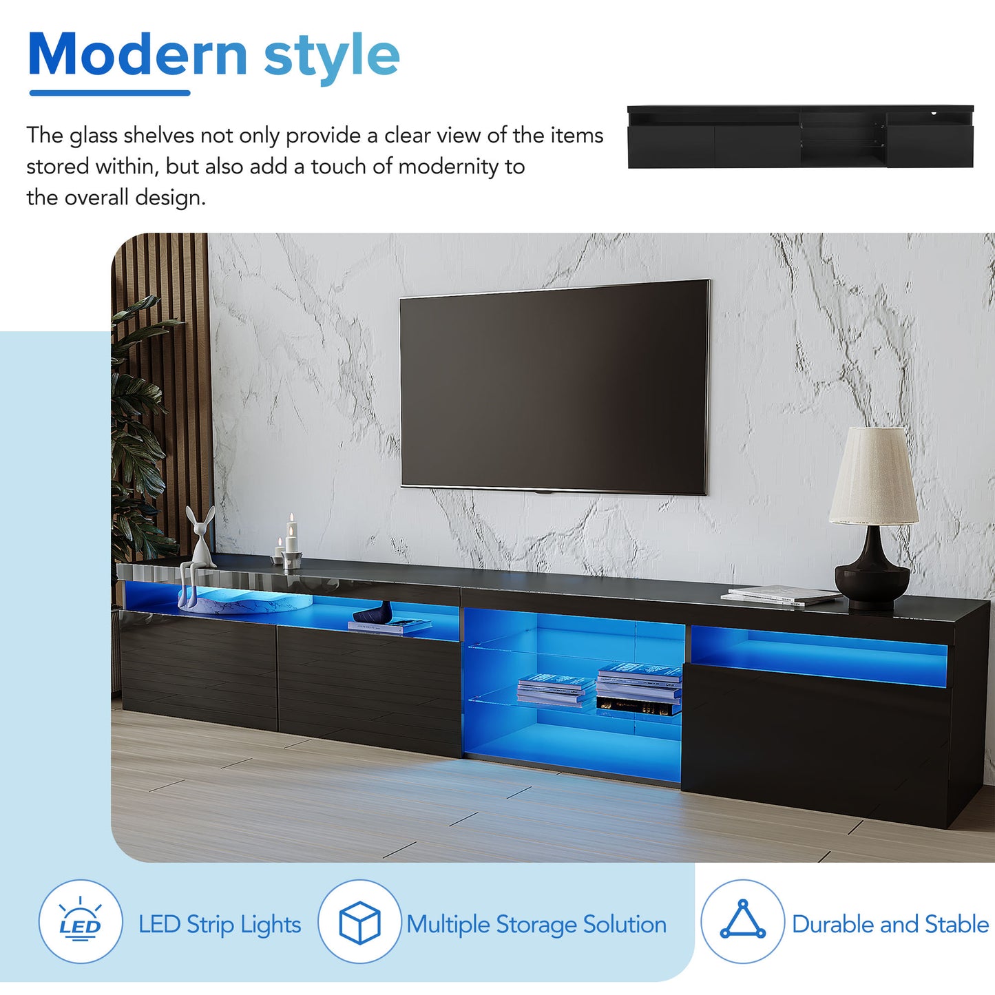 Sleek black TV stand with illuminated blue LED shelving a modern entertainment unit