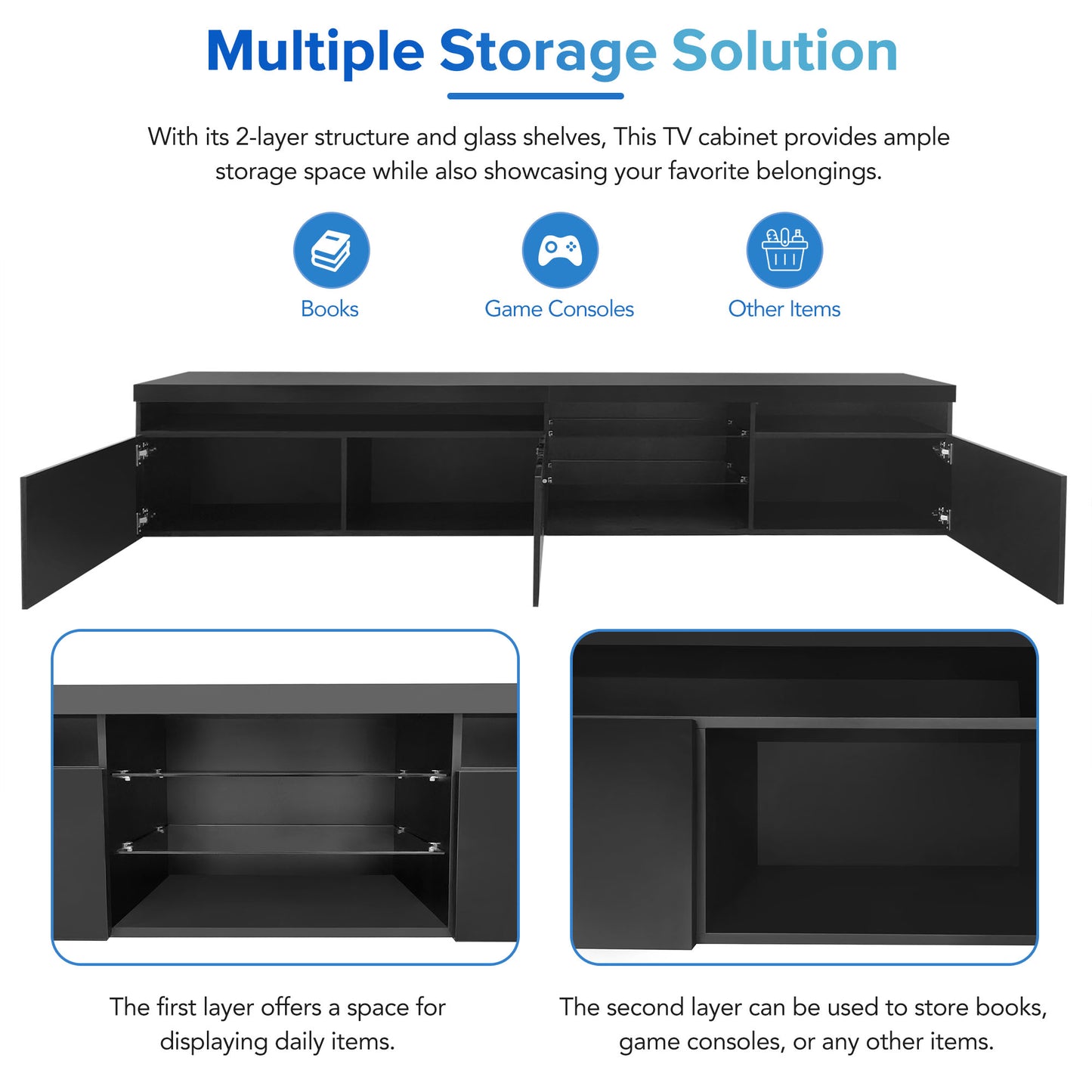 Black modern TV cabinet with glass shelves ideal for electronics