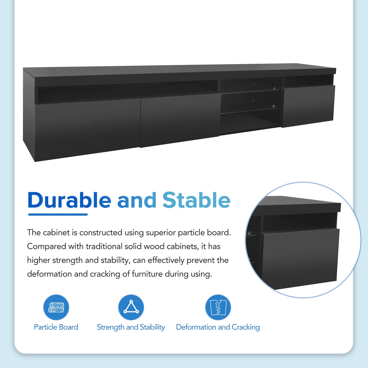 Sleek black media console with ample storage and glass shelving perfect for modern living rooms