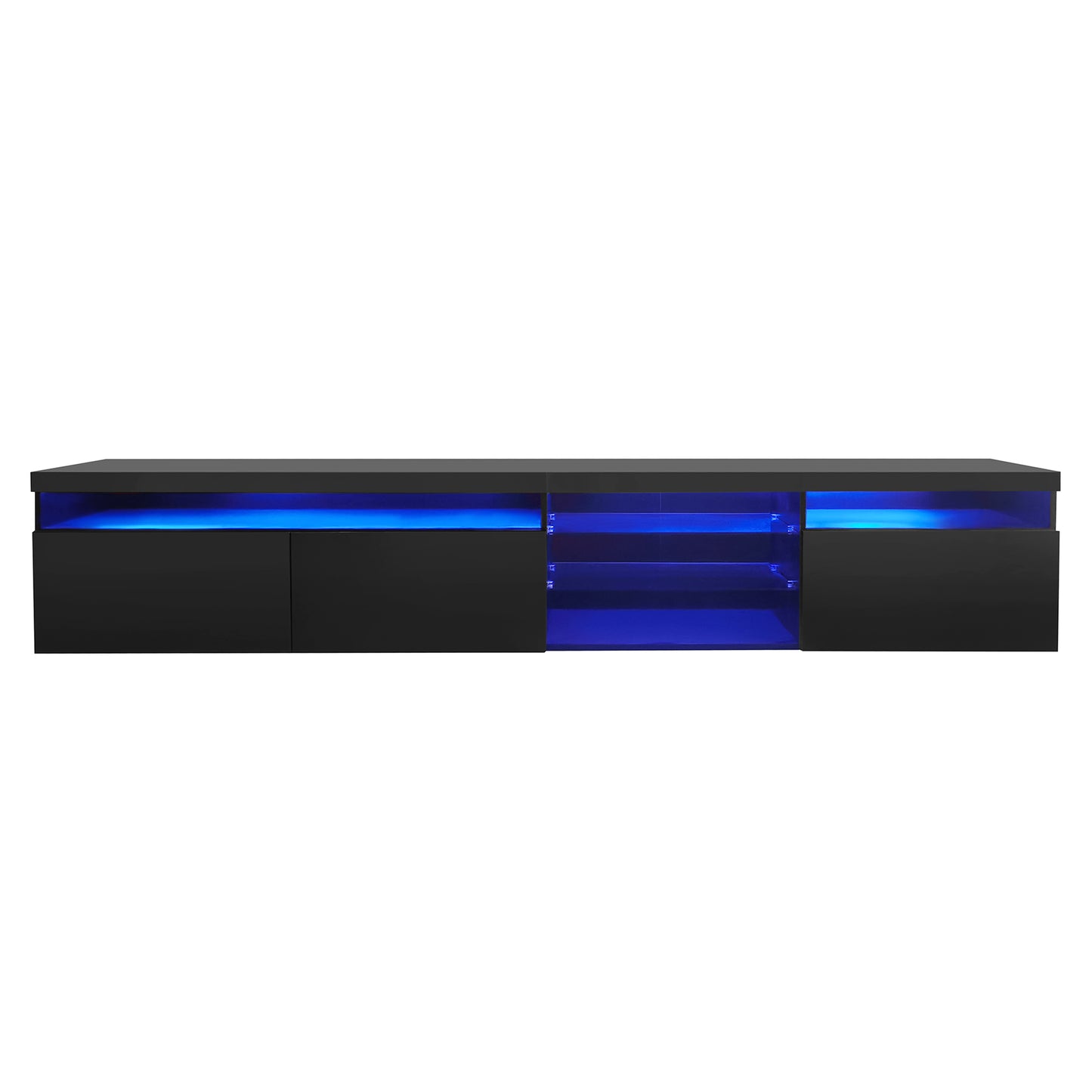 Black modern TV stand with blue LED lighting and two cabinets