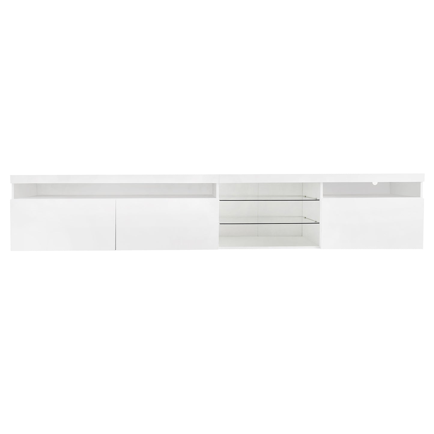 Sleek white media console with glass shelves and cabinet storage for entertainment setup