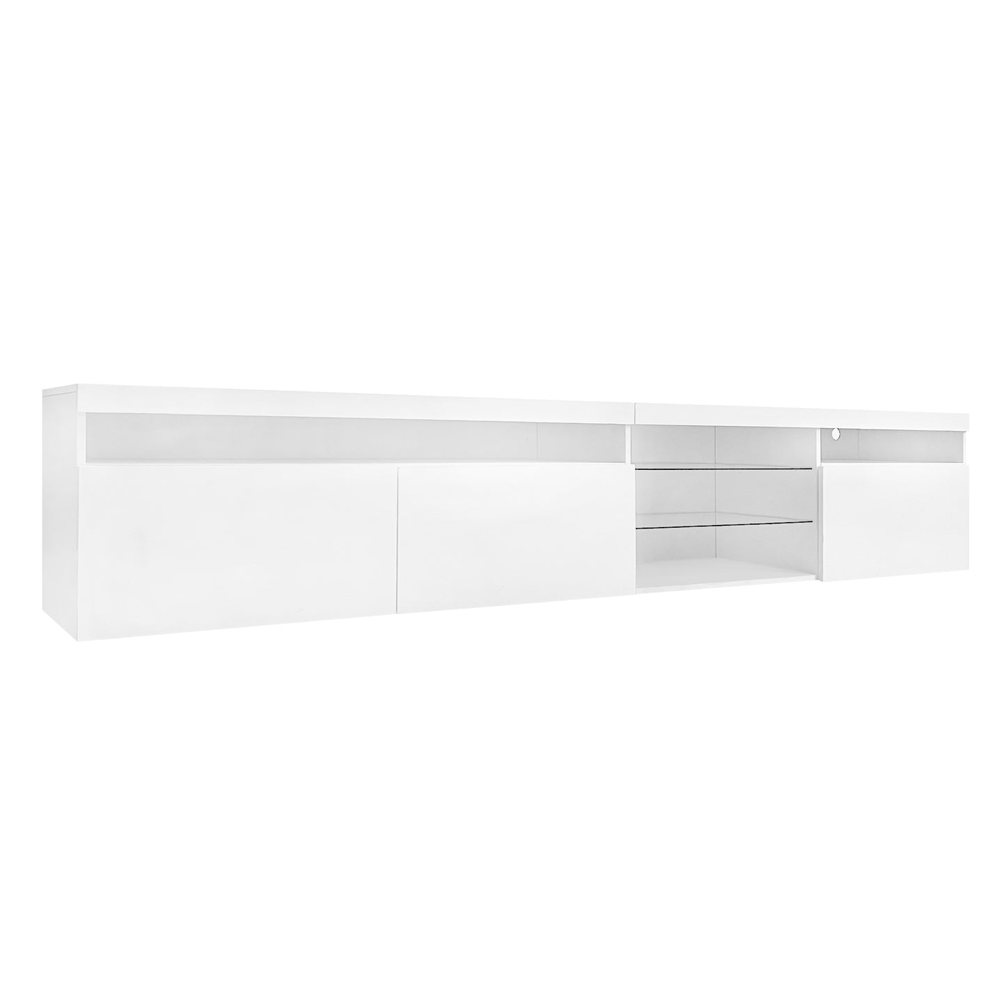 Modern white floating TV stand with open glass shelving and two cabinets