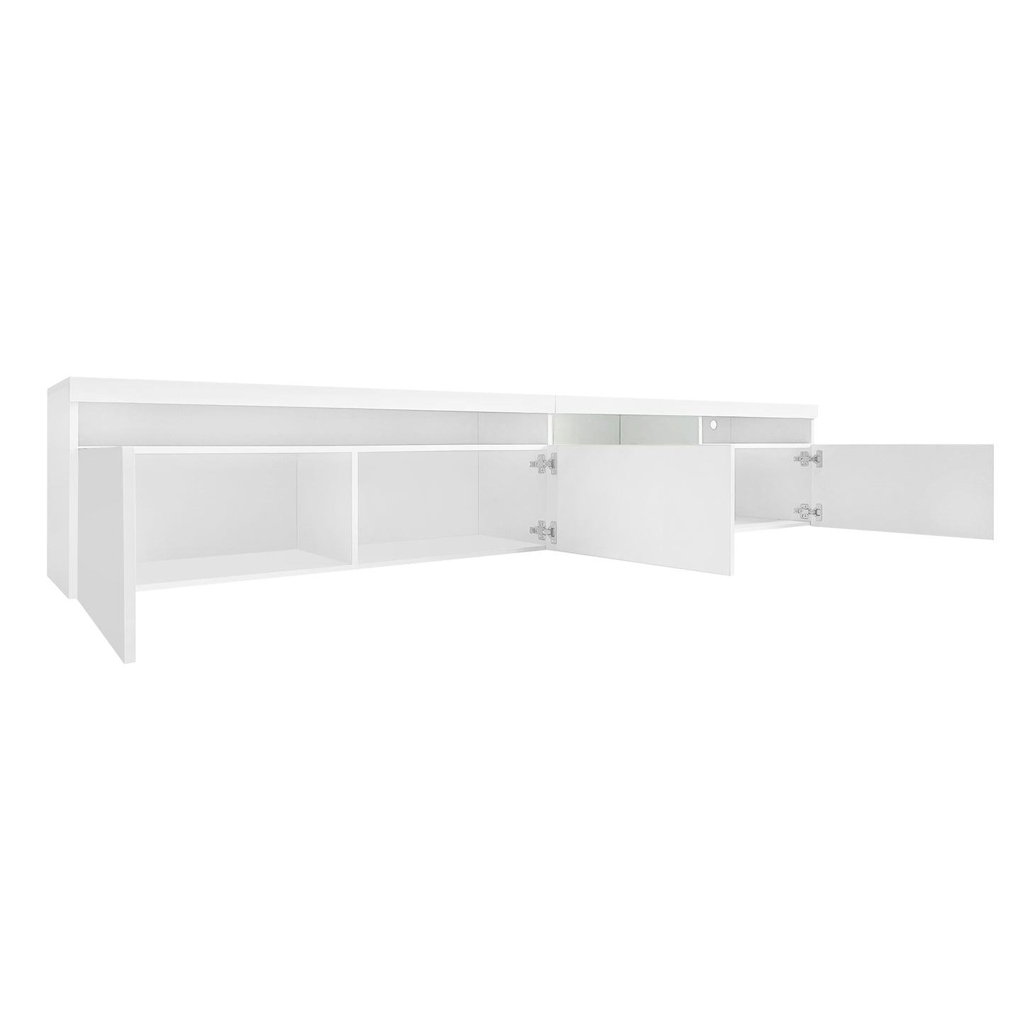 White modern media console with open compartments and doors