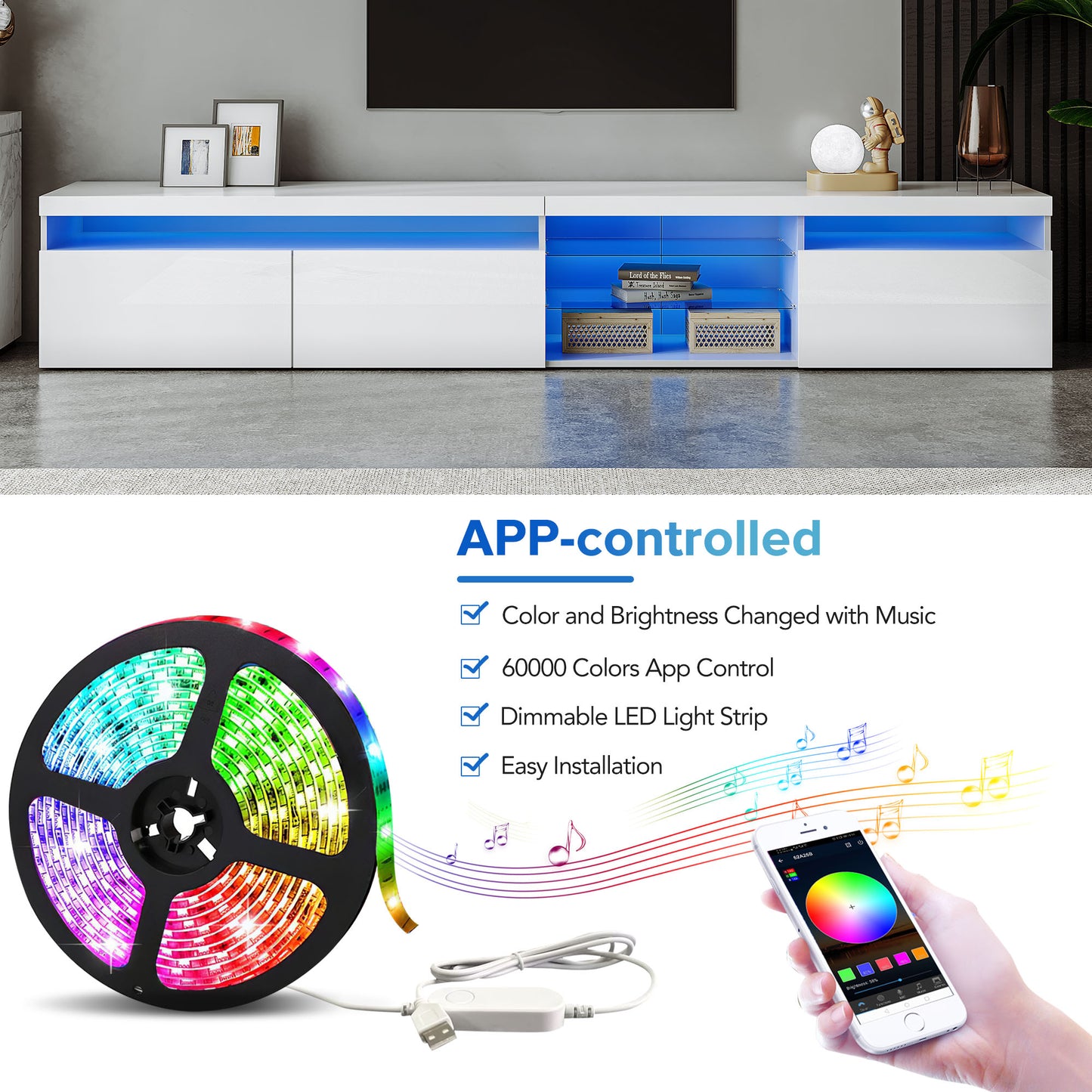 APP controlled LED light strip with colors and music sync