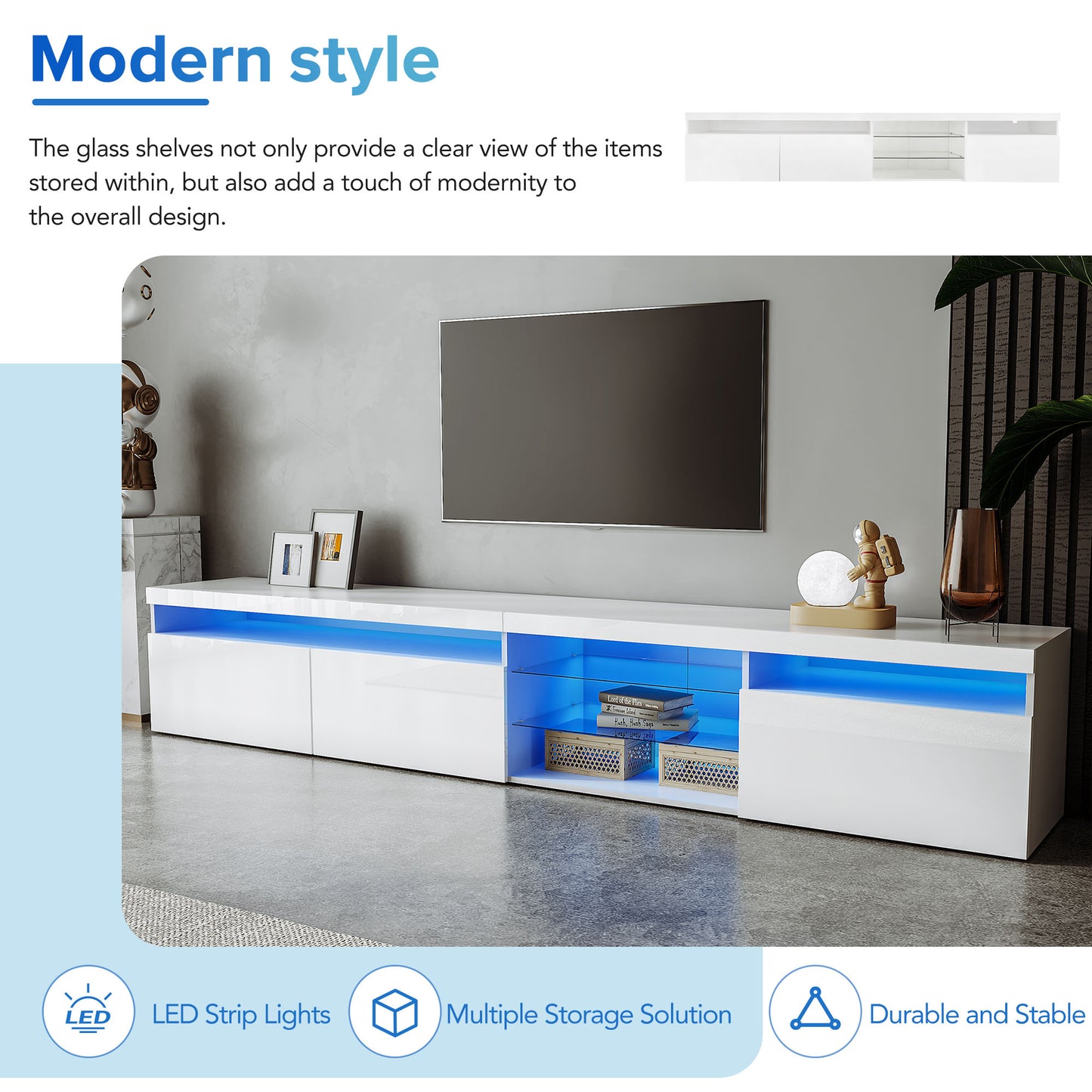 Modern white TV stand with blue LED strip lights and glass shelving