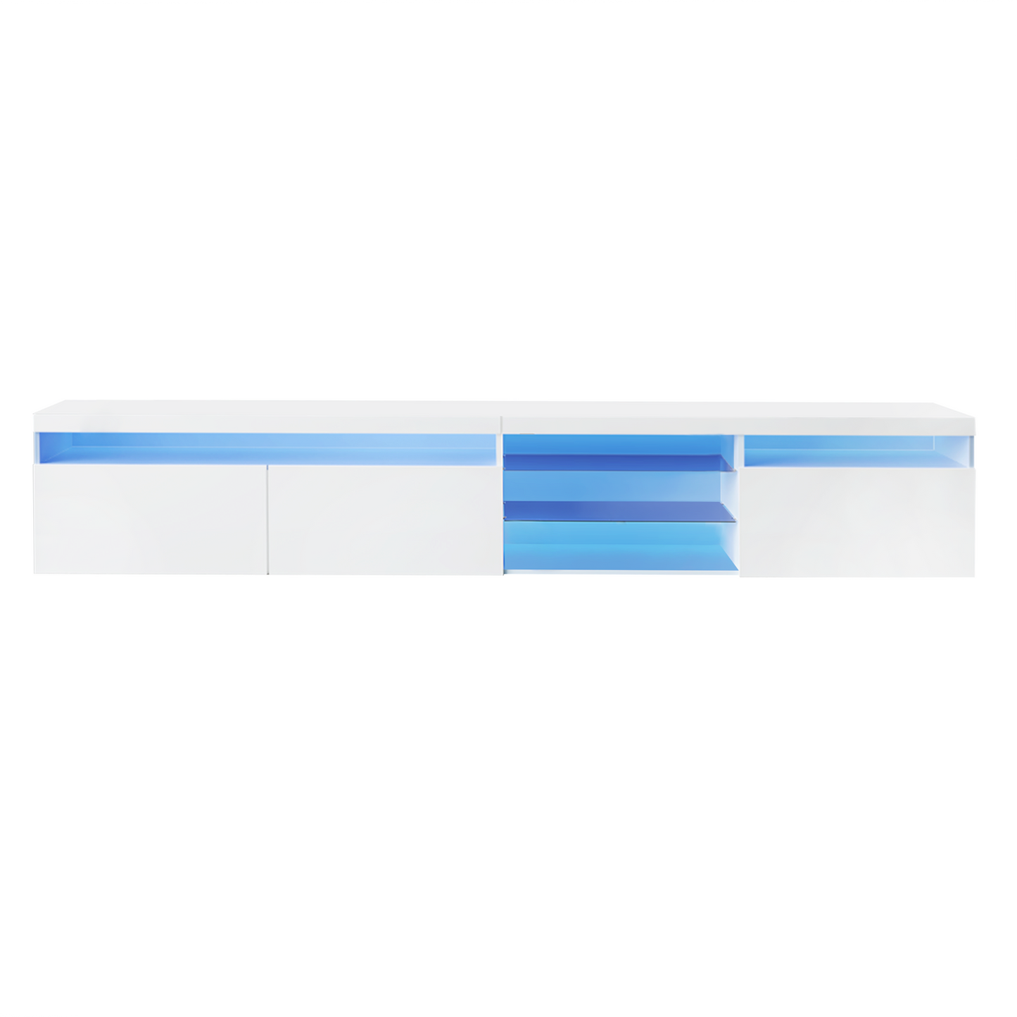 Sleek white entertainment center with blue LED lighting featuring closed cabinets and open shelves