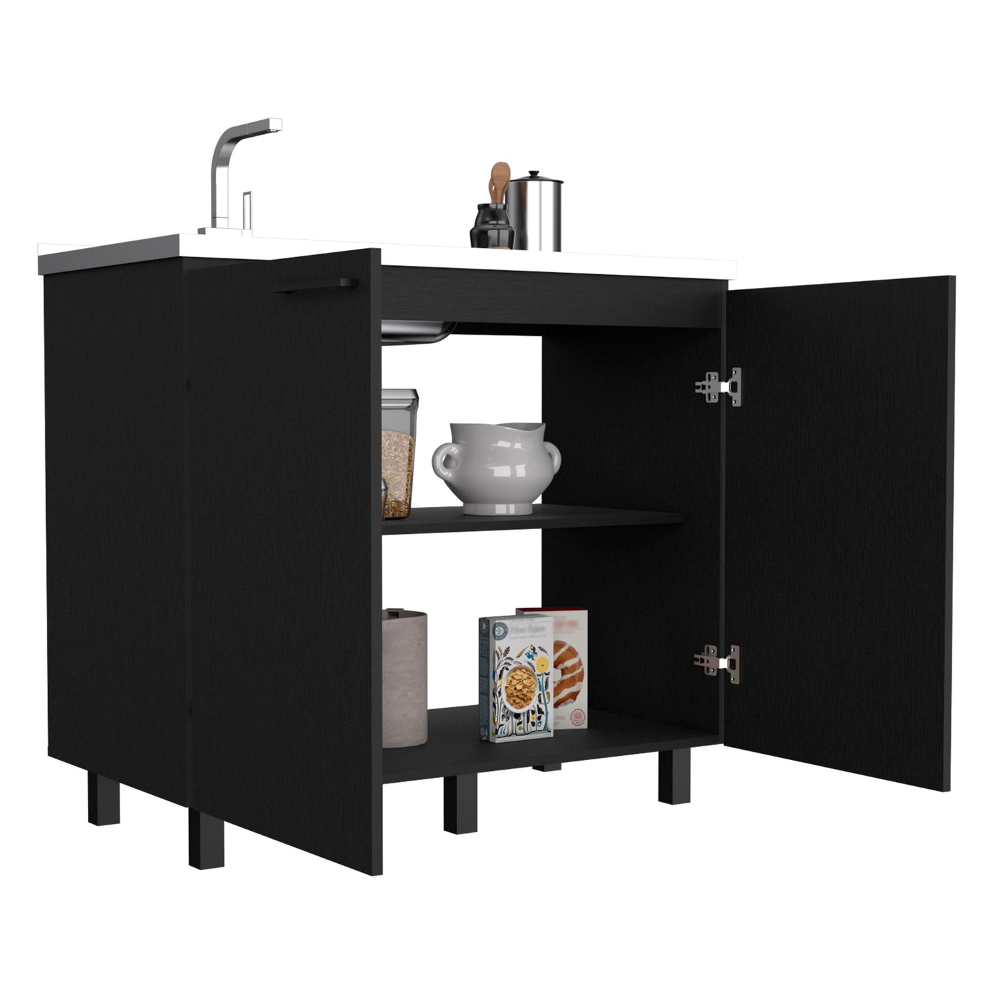 Black modern bathroom vanity with open cabinet doors and sink