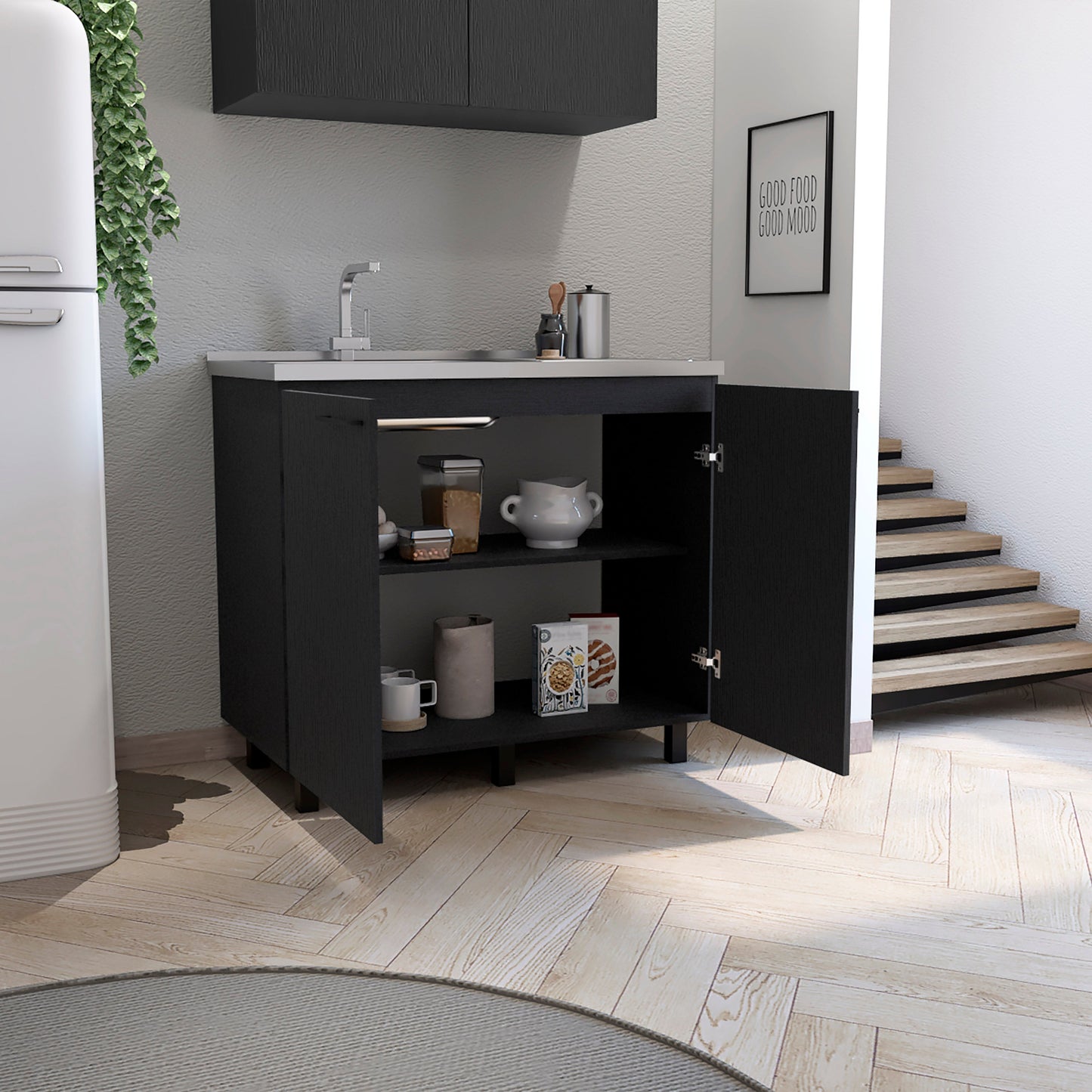 Modern black kitchen cabinet with open doors and ample storage space