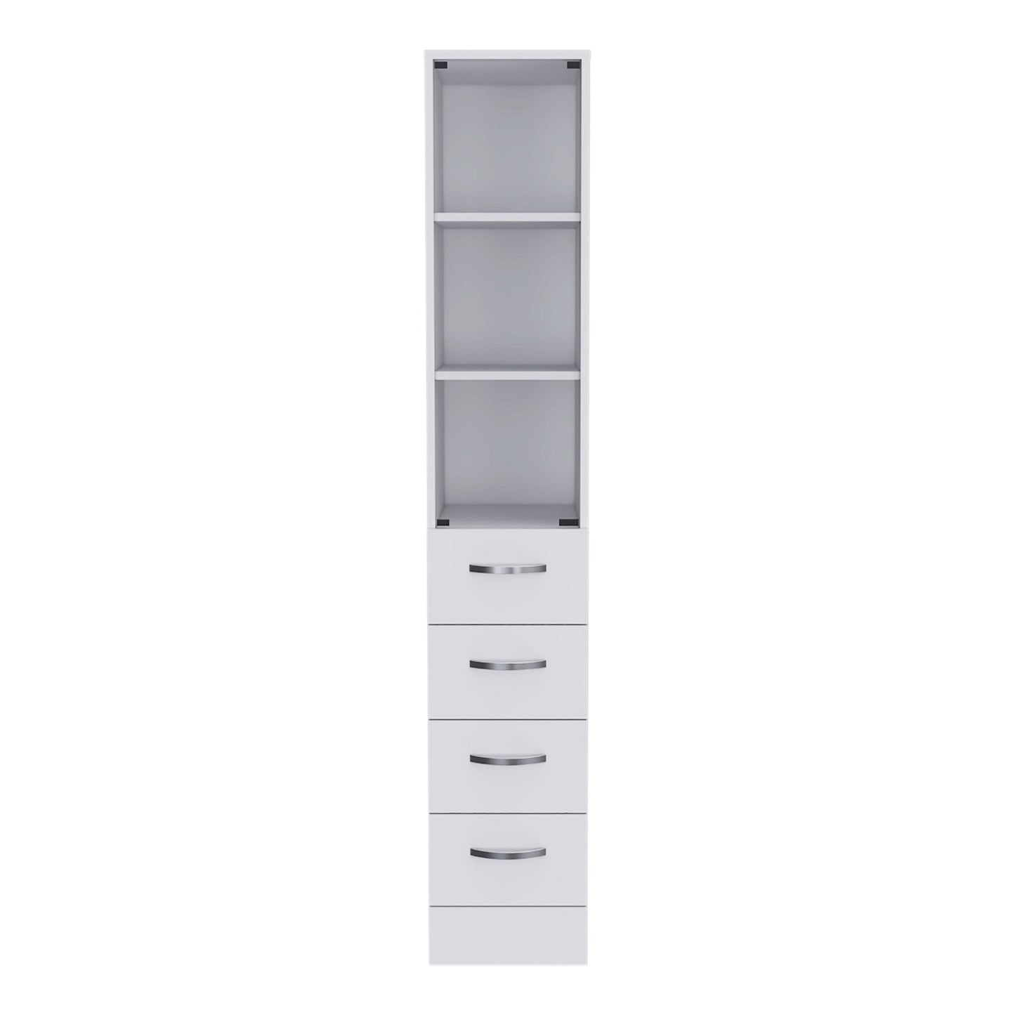 White narrow cabinet with three open shelves and four drawers