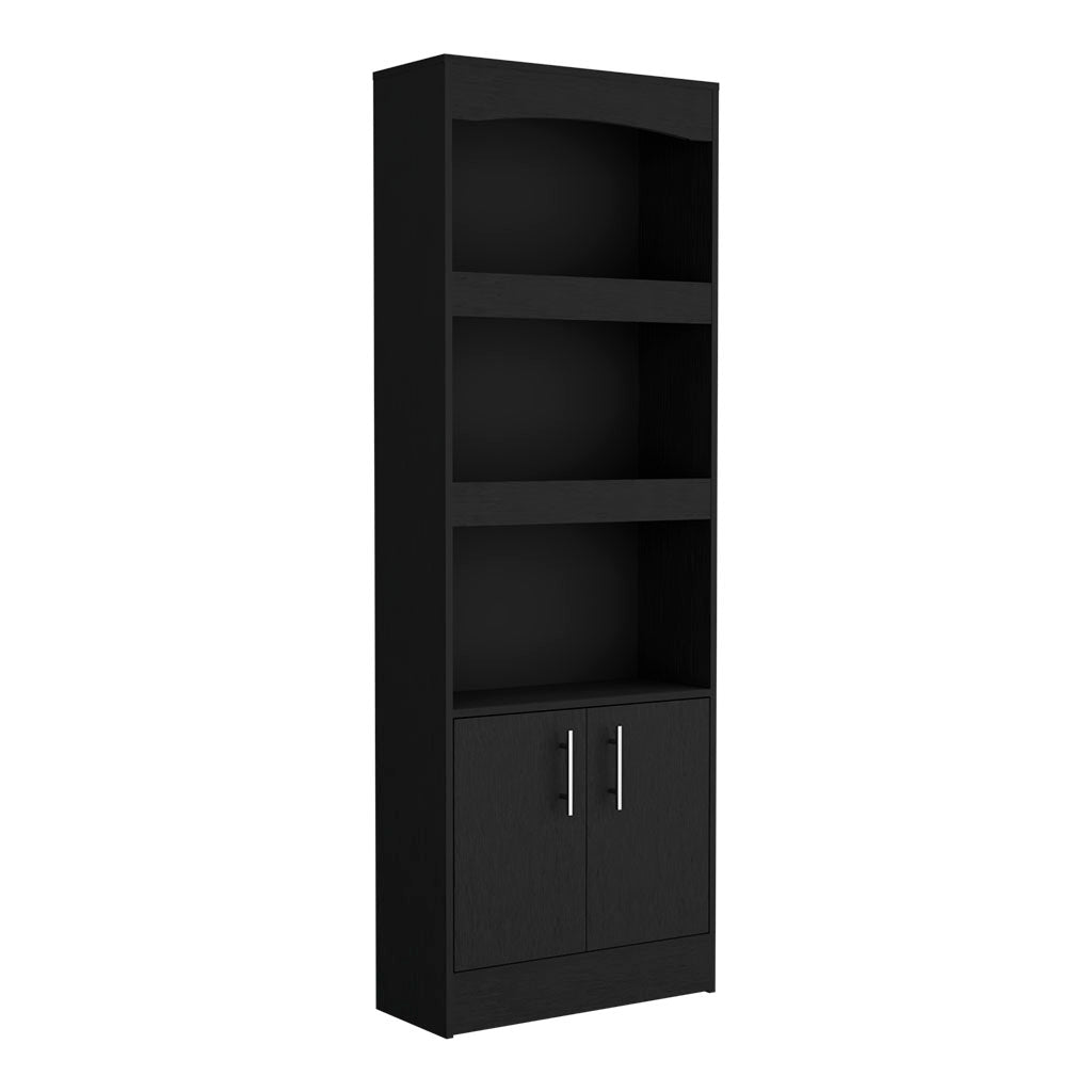 Tall black wood bookshelf with three open shelves and two cabinet doors below