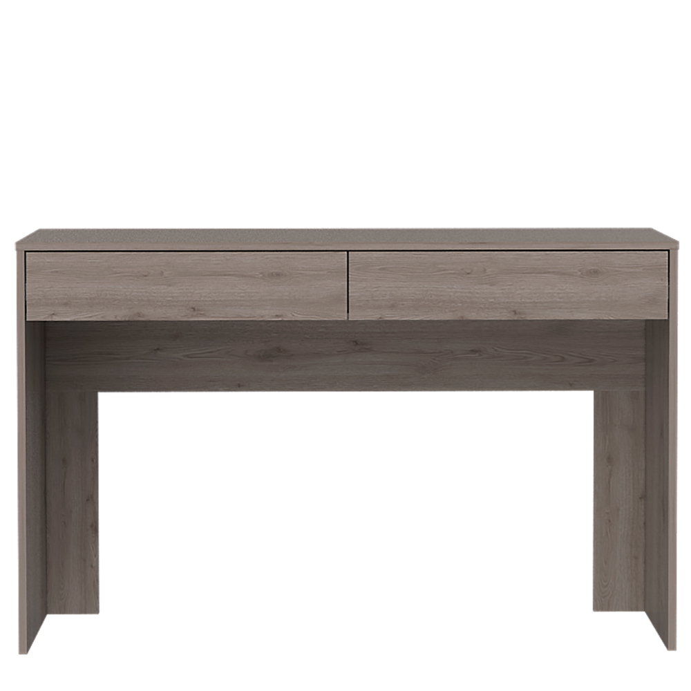 Modern gray wood veneer console table with two drawers and clean lines