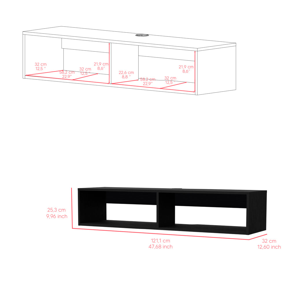 Black floating media console with two open compartments and dimensions