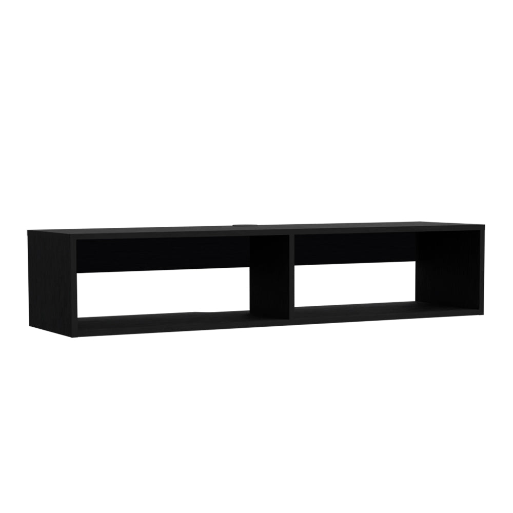 Black minimalist modern floating media console with two open shelves