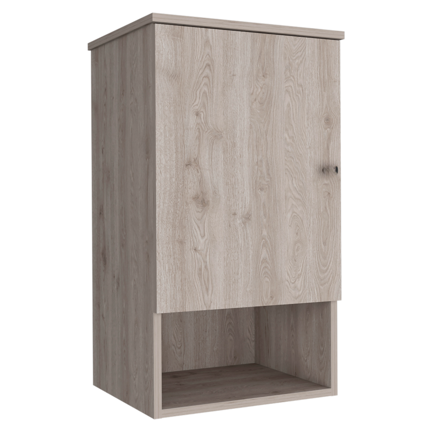 Tall light oak effect cabinet with a single door and open shelf