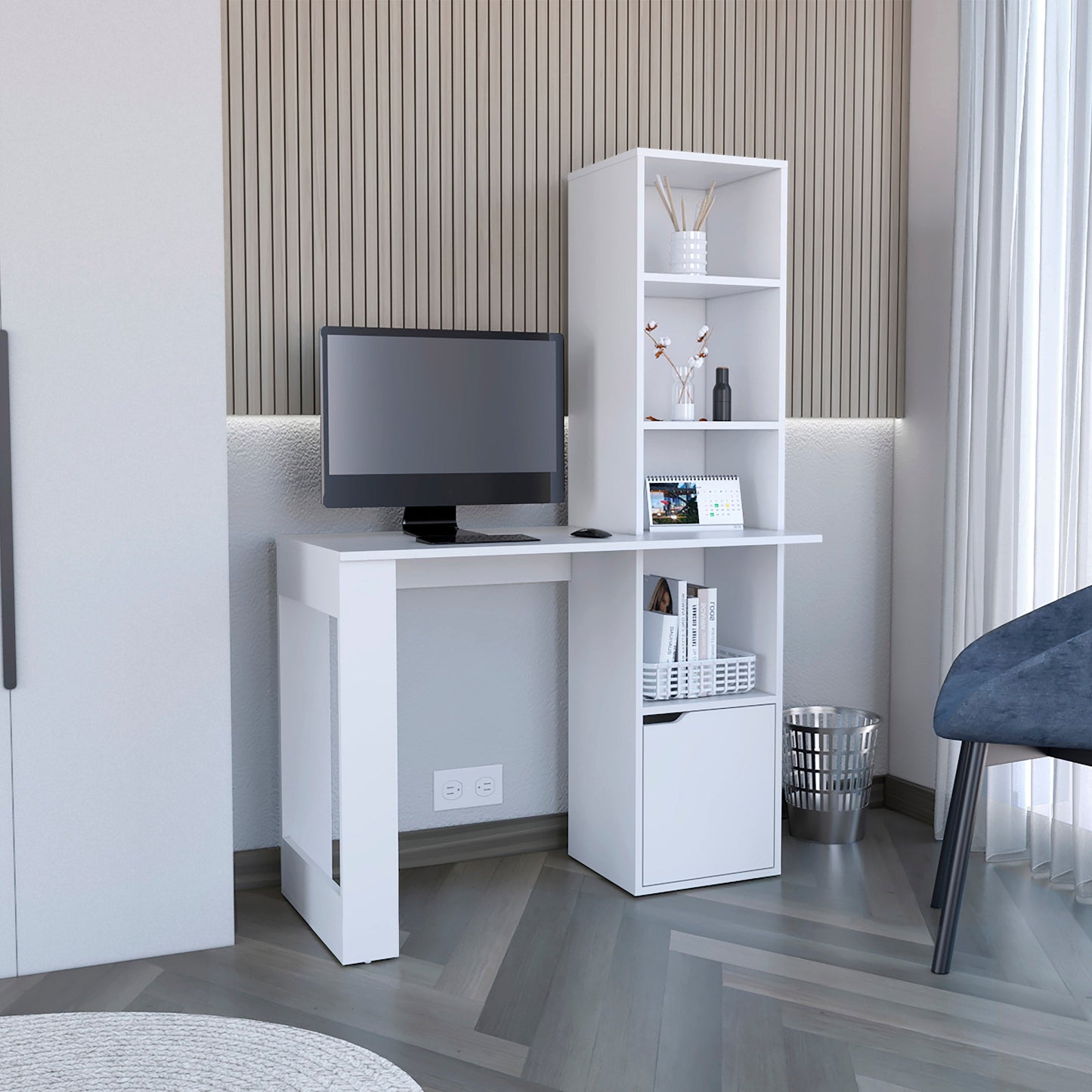 White modern desk with integrated bookshelf and computer setup