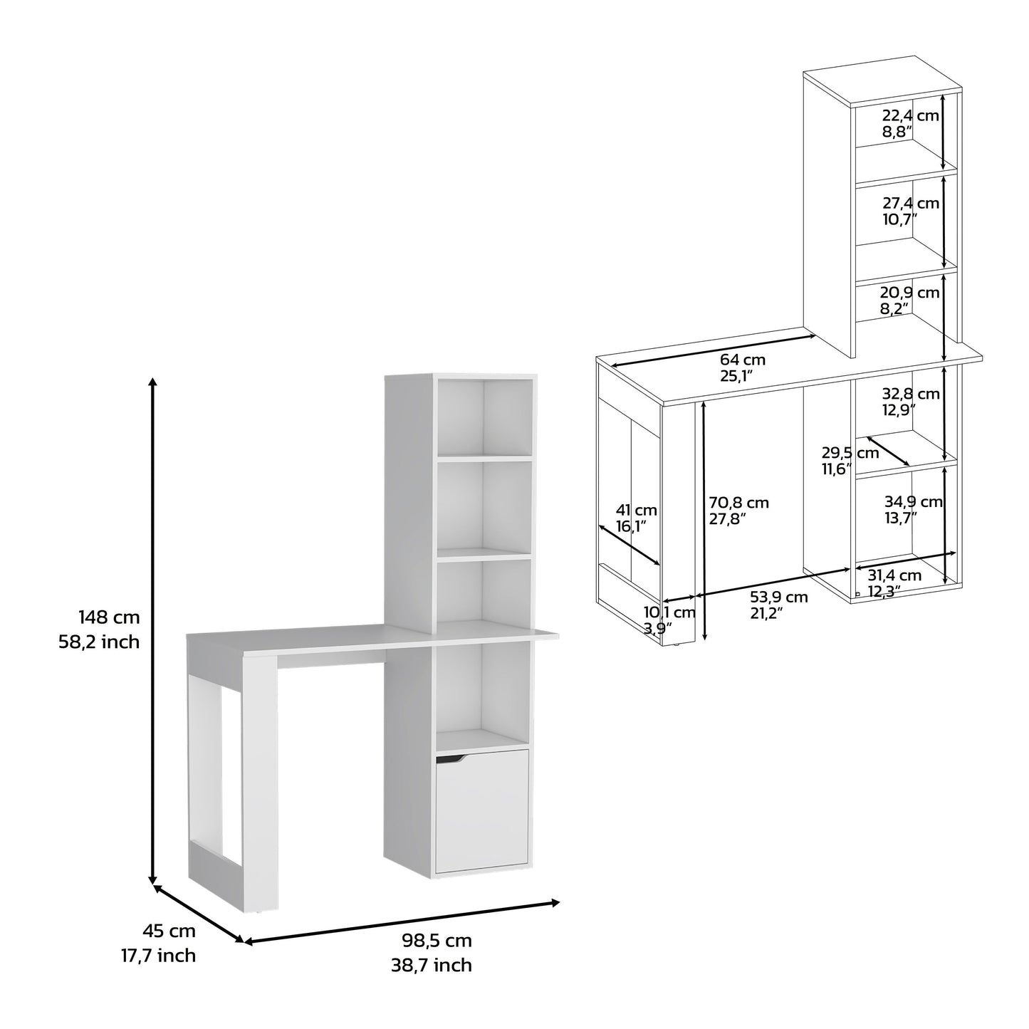 White modern desk with attached shelving unit and drawer cm width