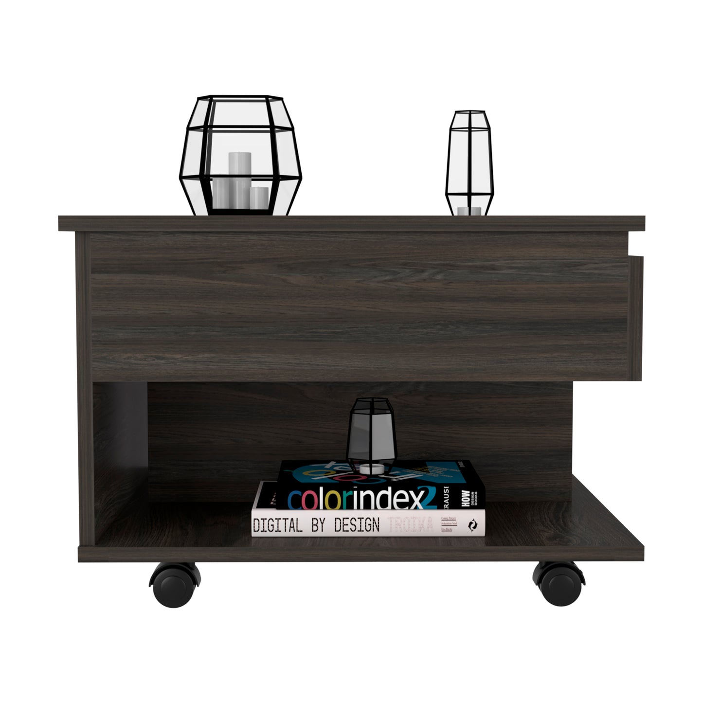 Dark wood lifttop coffee table with open shelf and black casters featuring modern design