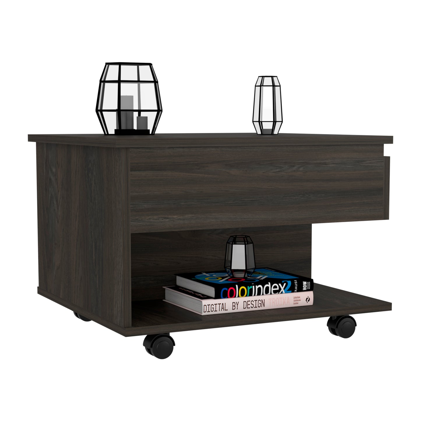 Dark wood coffee table with modern geometric black lanterns and books on wheels