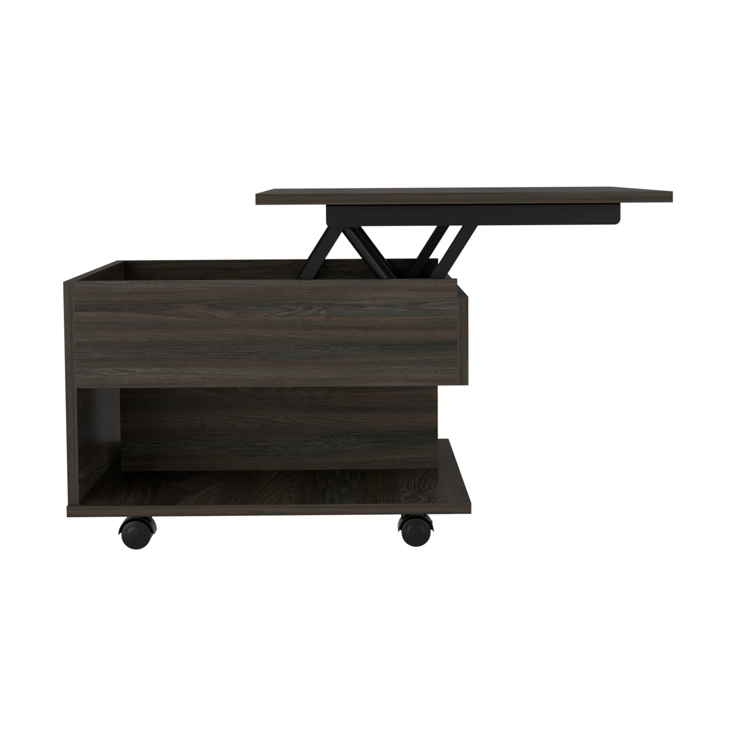 Dark wood lift top coffee table with metal mechanism on wheels functional for living rooms