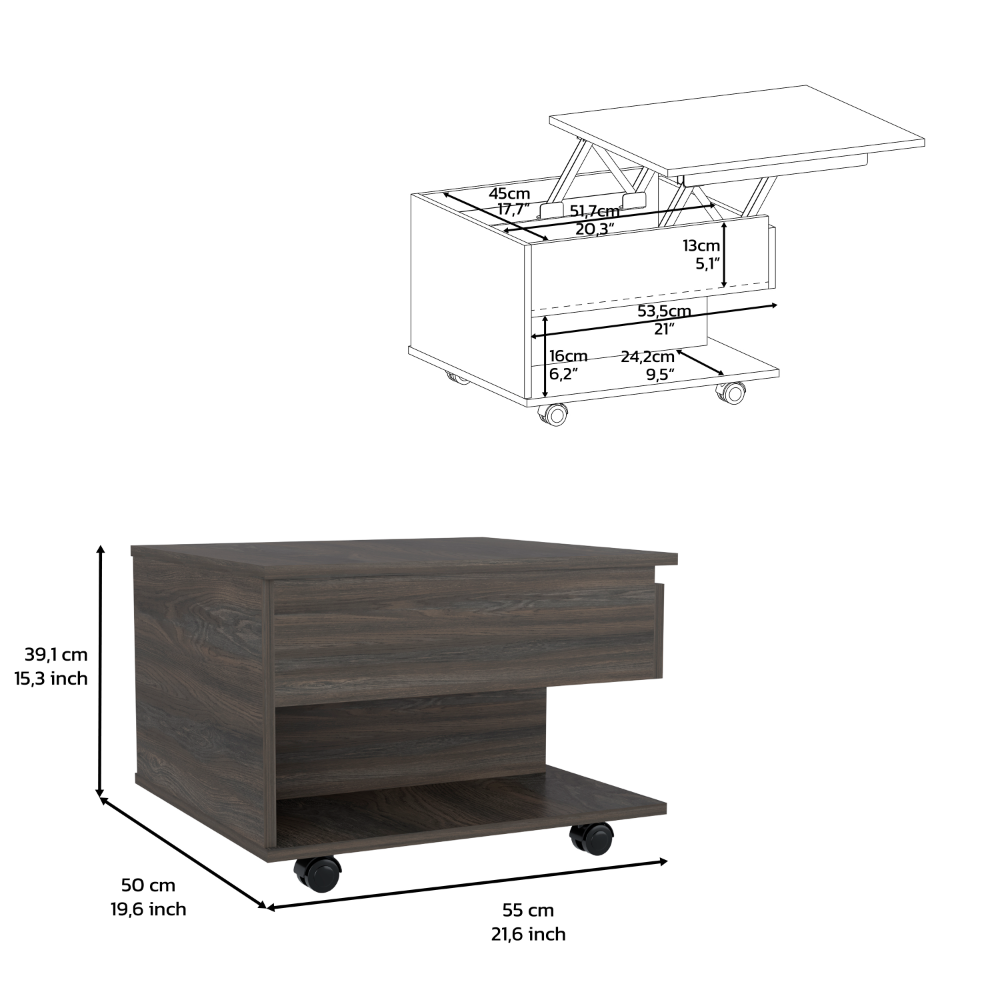 Modern lifttop coffee table with dark wood grain finish and hidden storage compartment