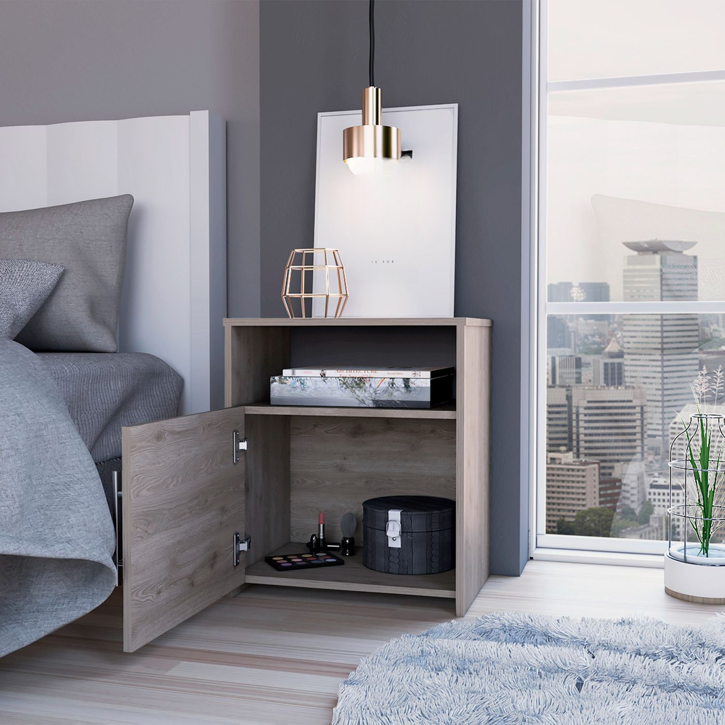 Light oak finish bedside table with open shelf and storage compartment for bedroom decor
