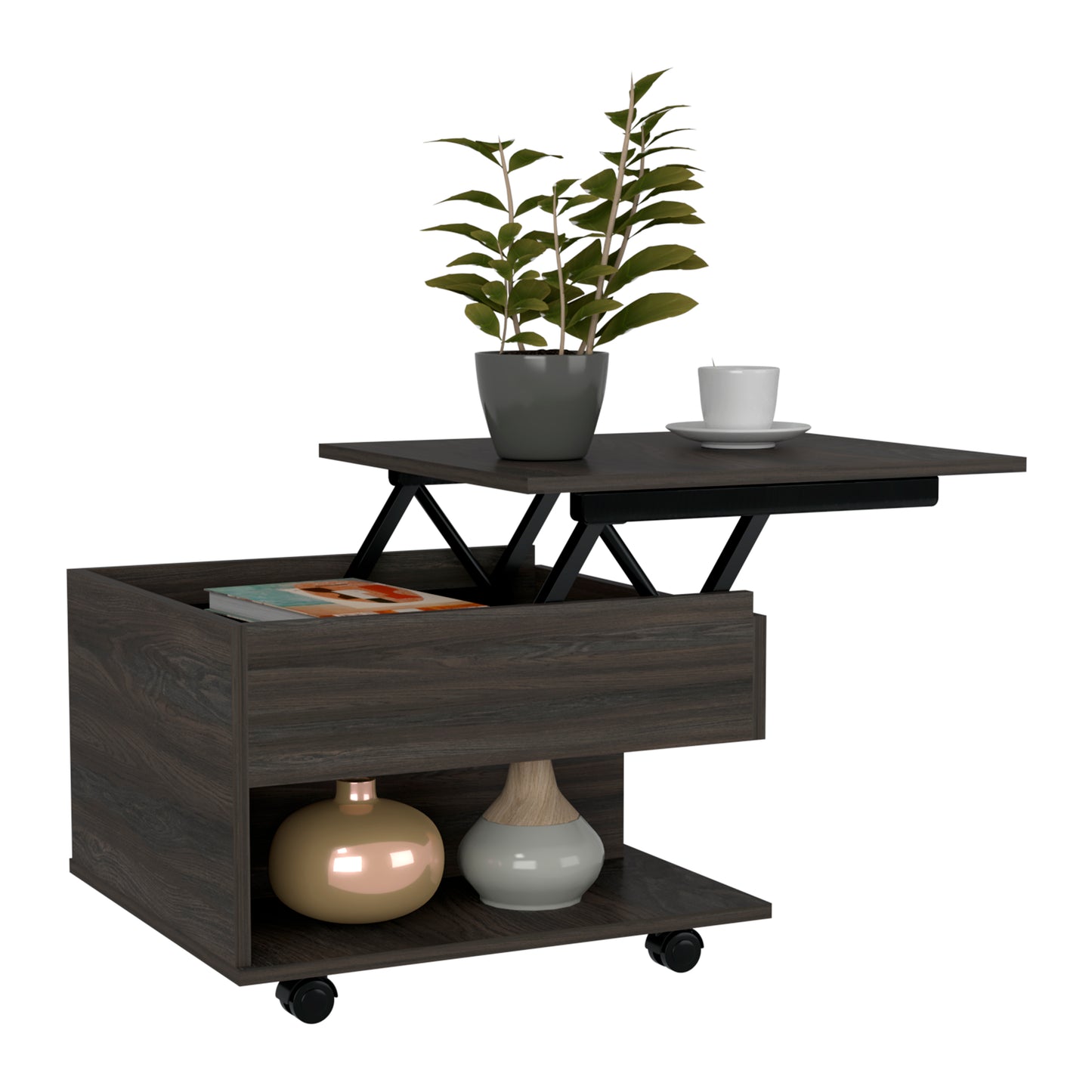 Dark wood lifttop coffee table with storage wheels and decorative vases