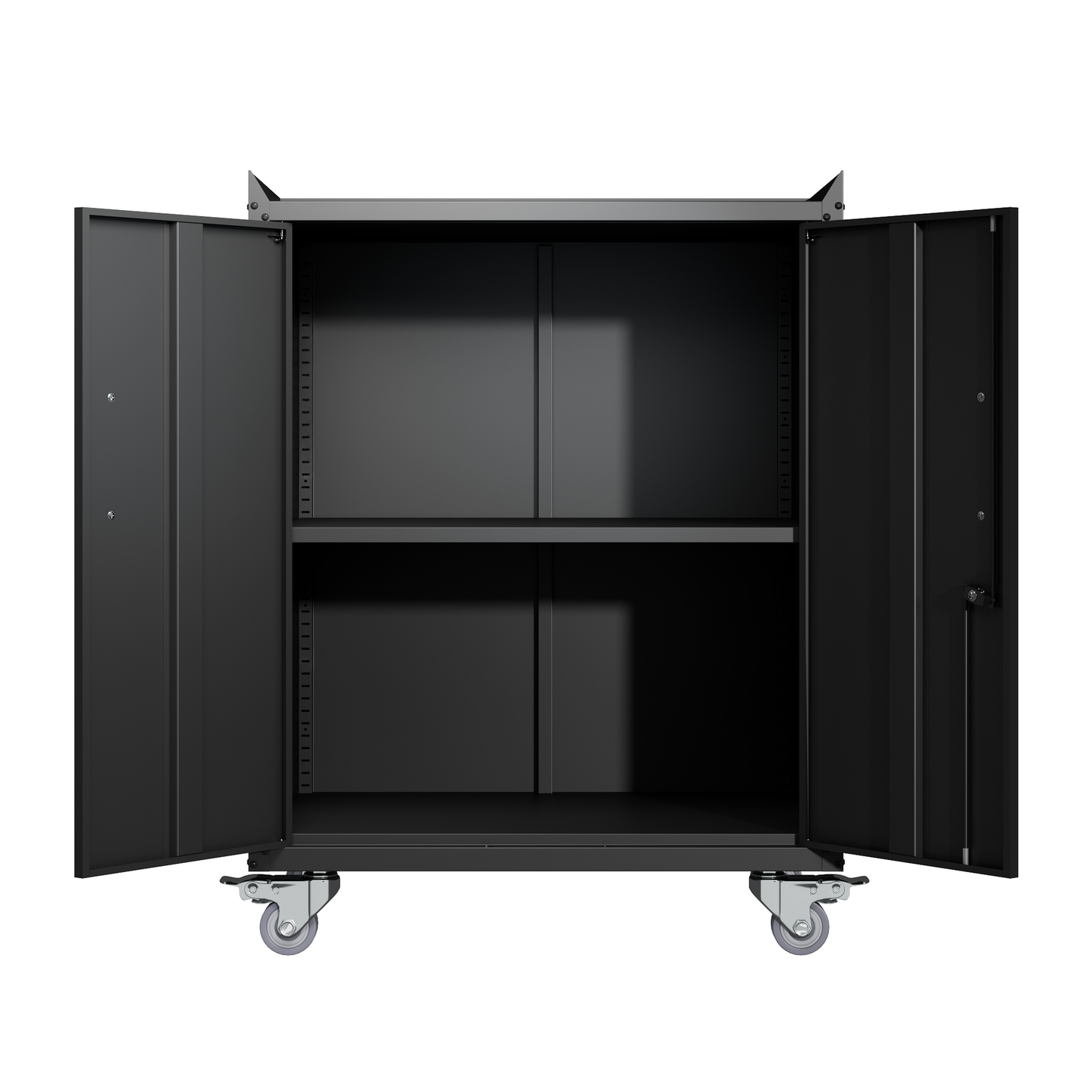 Black metal storage cabinet with open doors and two shelves featuring caster wheels for mobility