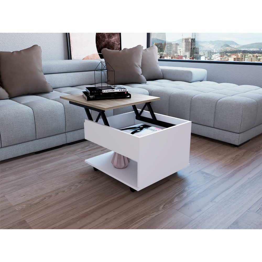 Modern white lifttop coffee table with natural wood accent and hidden storage