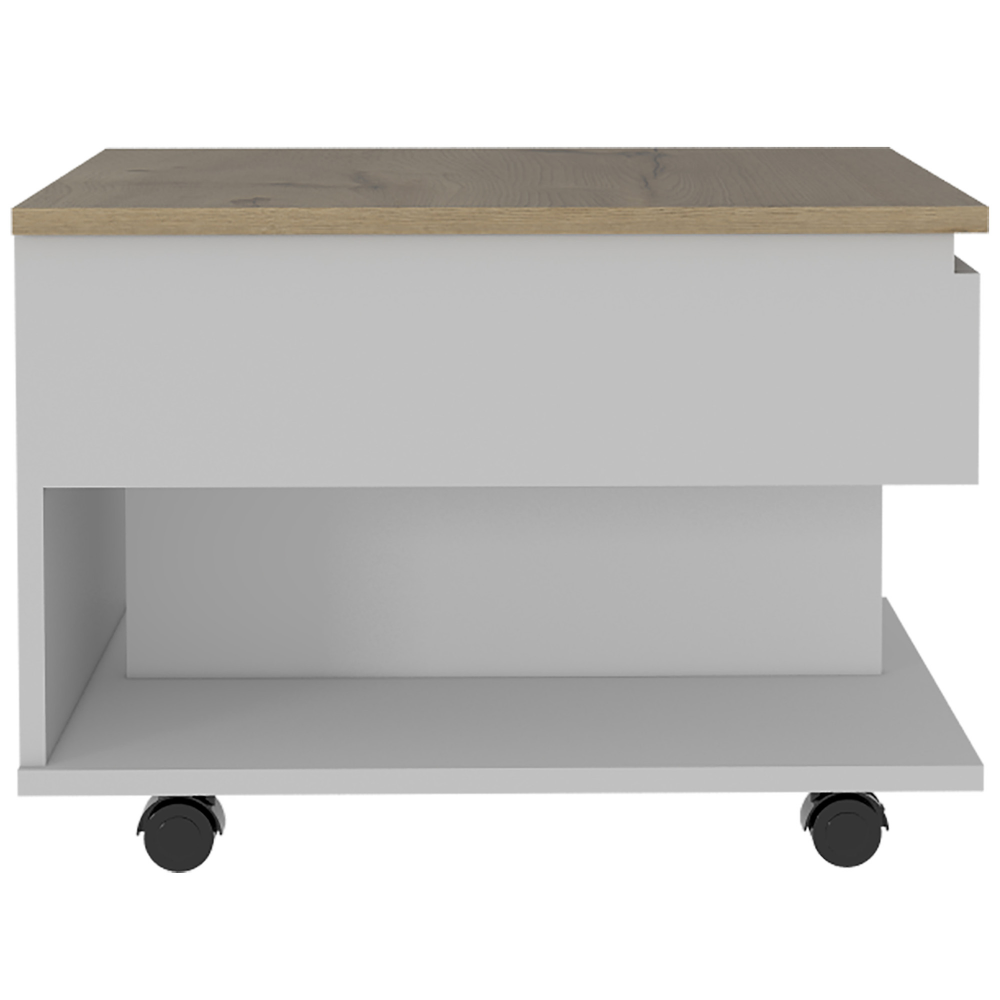 Modern white rolling nightstand with oak wood top and open shelf