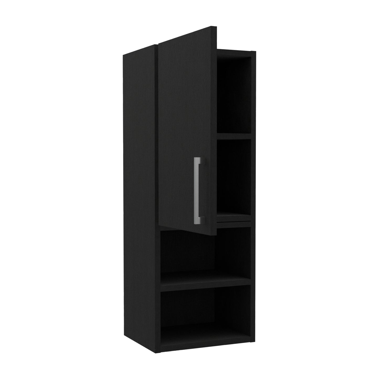 Black tall storage cabinet with one open door and open shelving sections