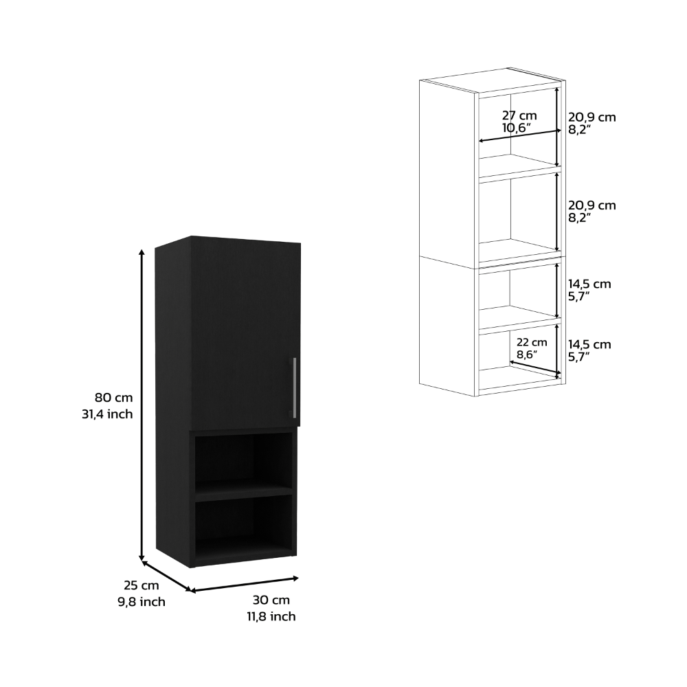 Black tall cabinet with one door and two open shelves cm height