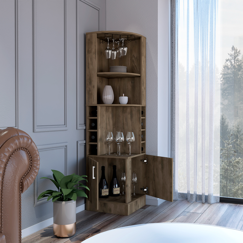 Rustic oak corner bar cabinet with wine rack and glassware storage