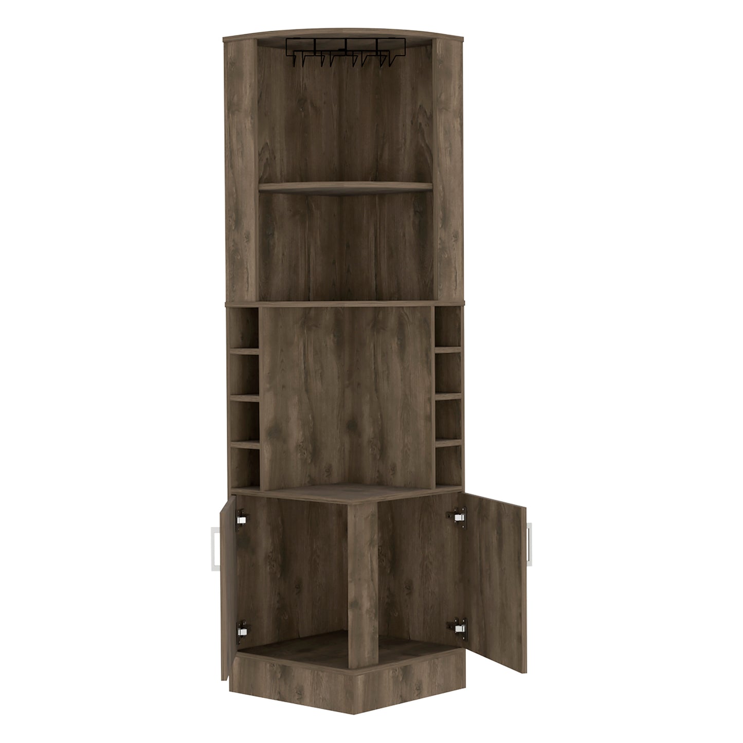 Rustic wood corner bar cabinet with wine glass rack and multiple shelves