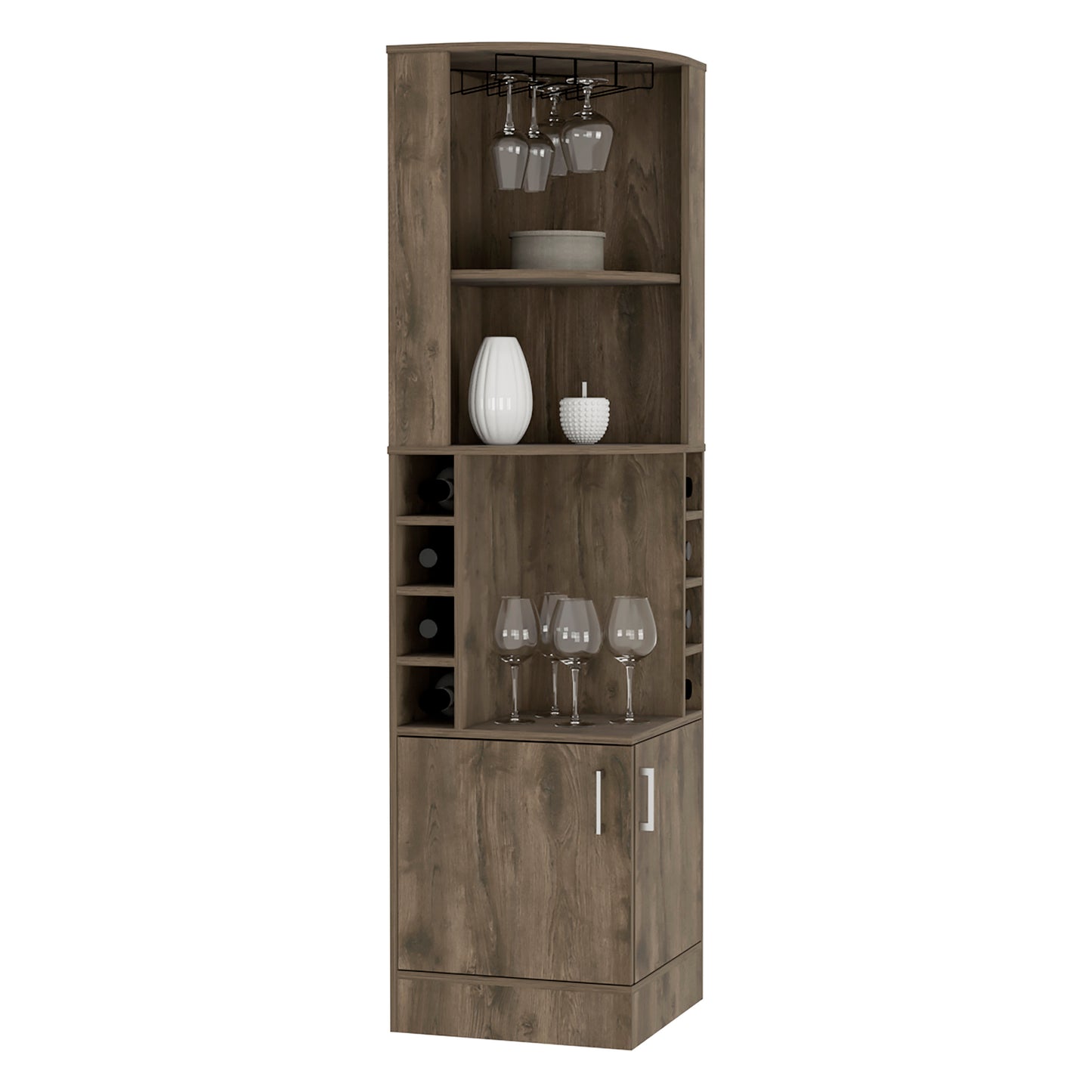 Rustic brown wood corner bar cabinet with glass rack and wine bottle storage