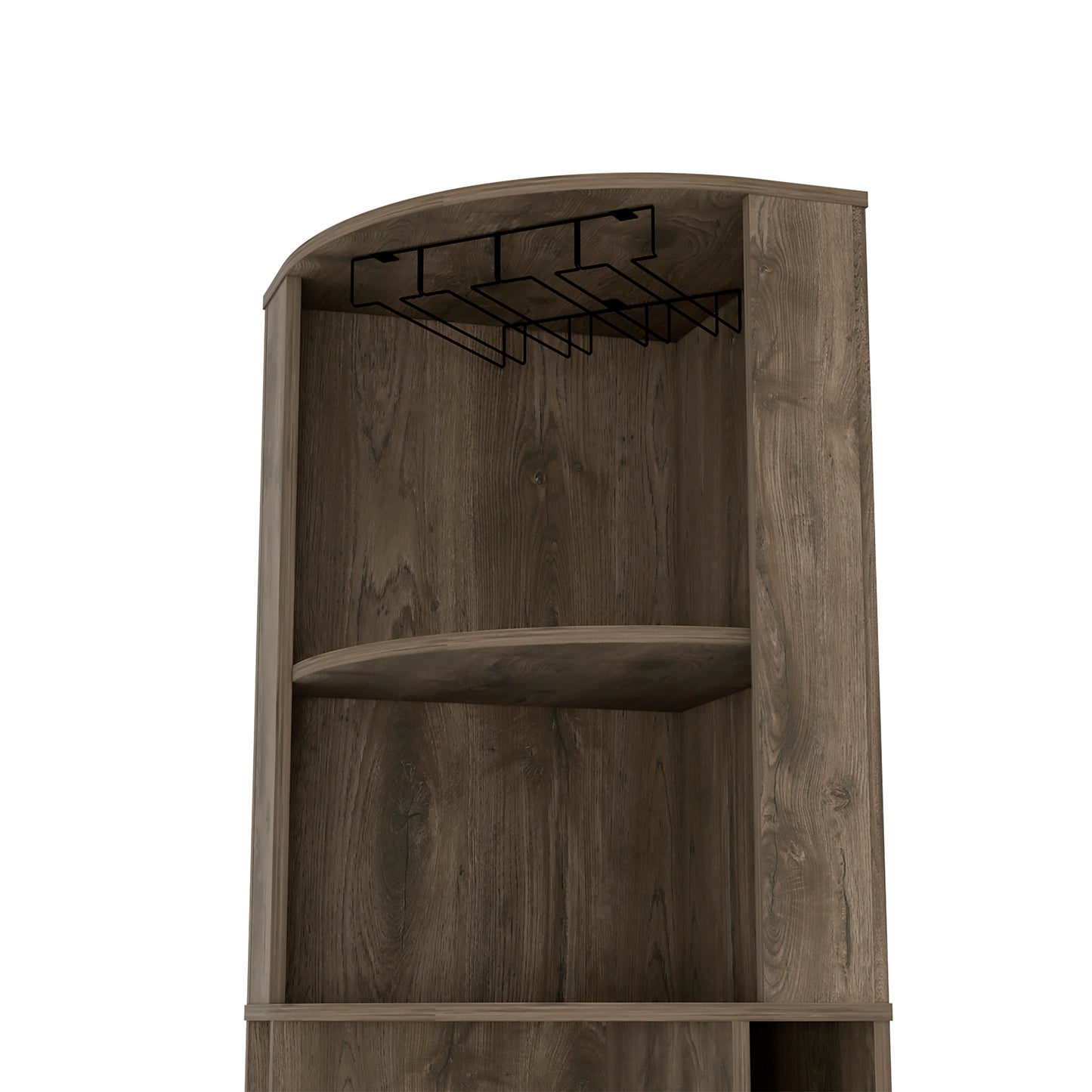 Dark wood corner bar cabinet with glass rack and shelf