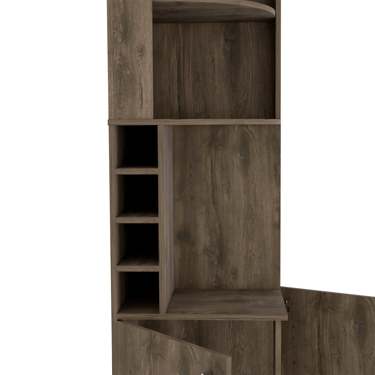 Dark wood veneer bookshelf with multiple open shelves and a closed cabinet door for storage