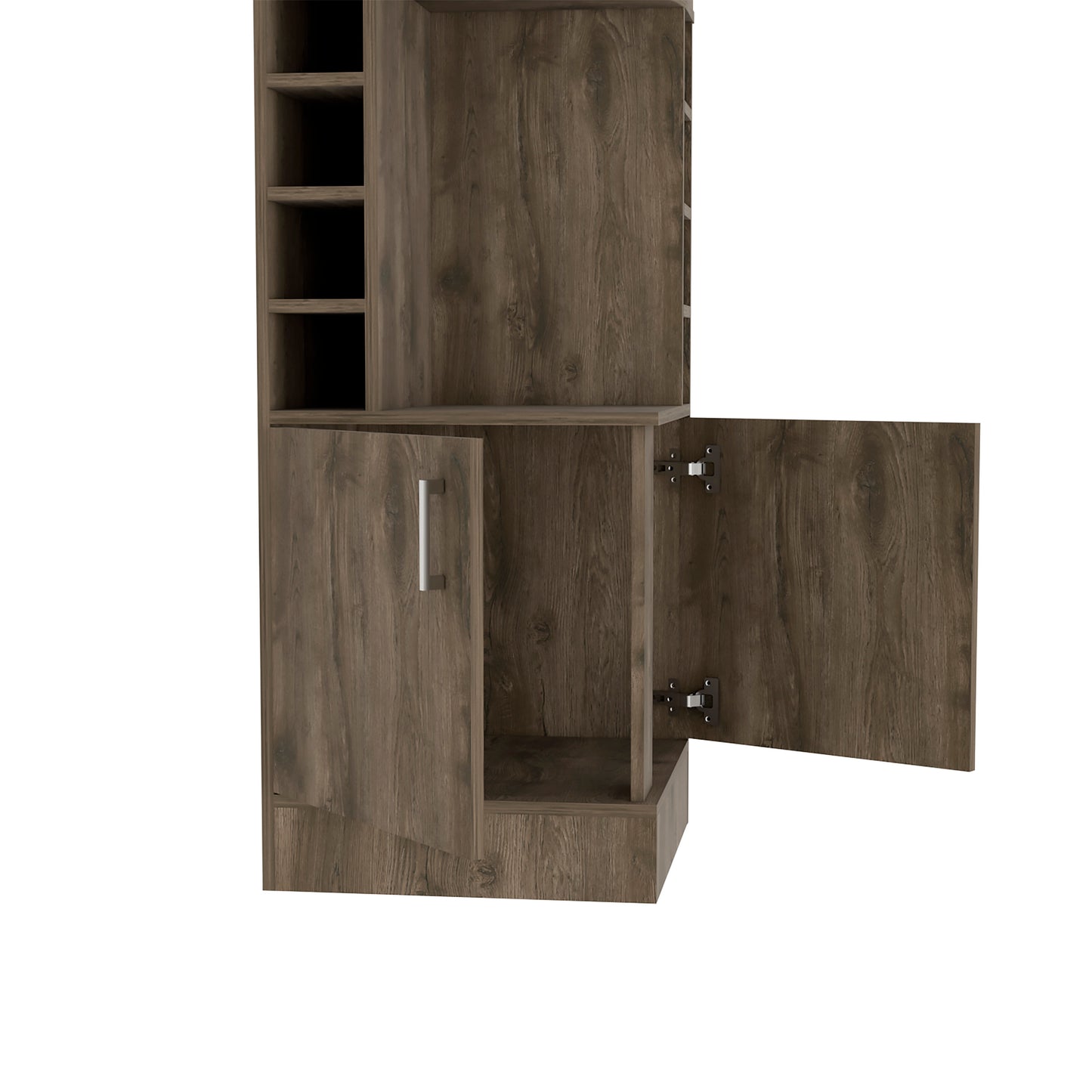 Modern dark wood entryway cabinet with open shelves and two doors