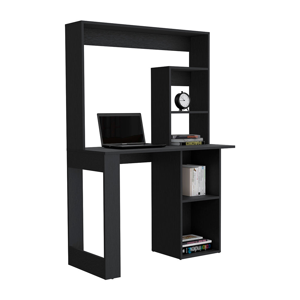 Black modern computer desk with hutch and open shelving featuring a laptop and clock
