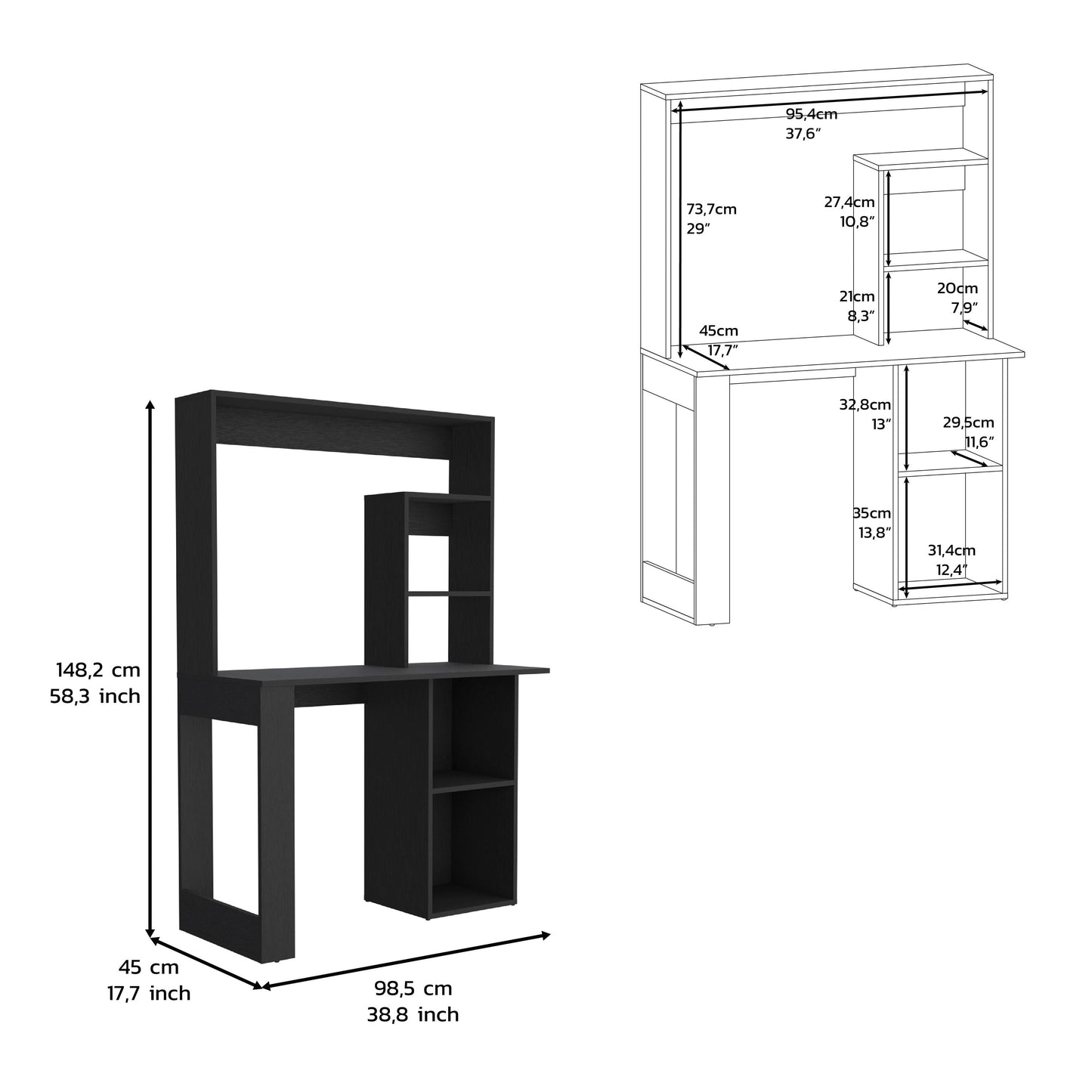 Black modern computer desk with hutch and shelving ideal for home office setups