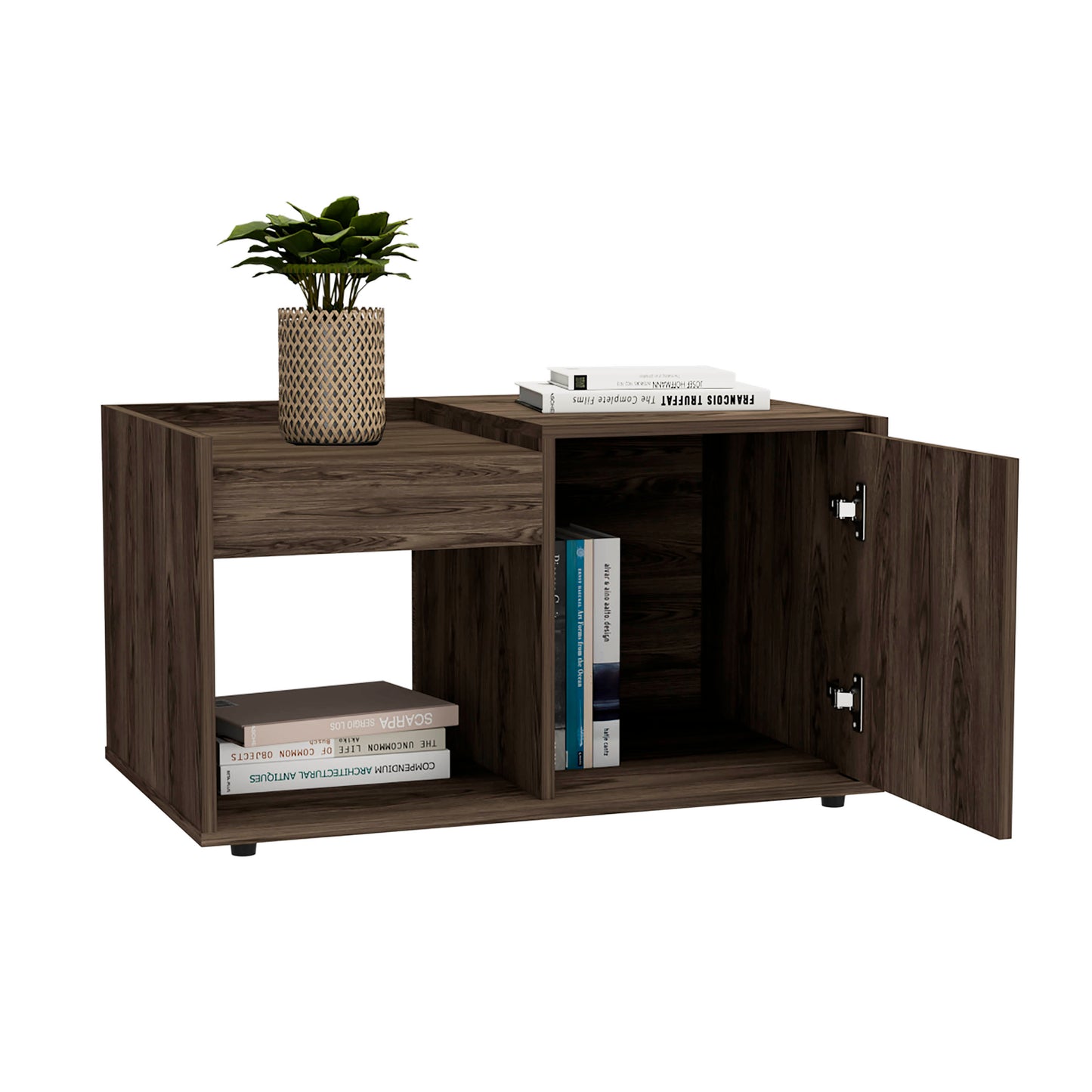 Dark wood nightstand with open compartment and cabinet door for storage
