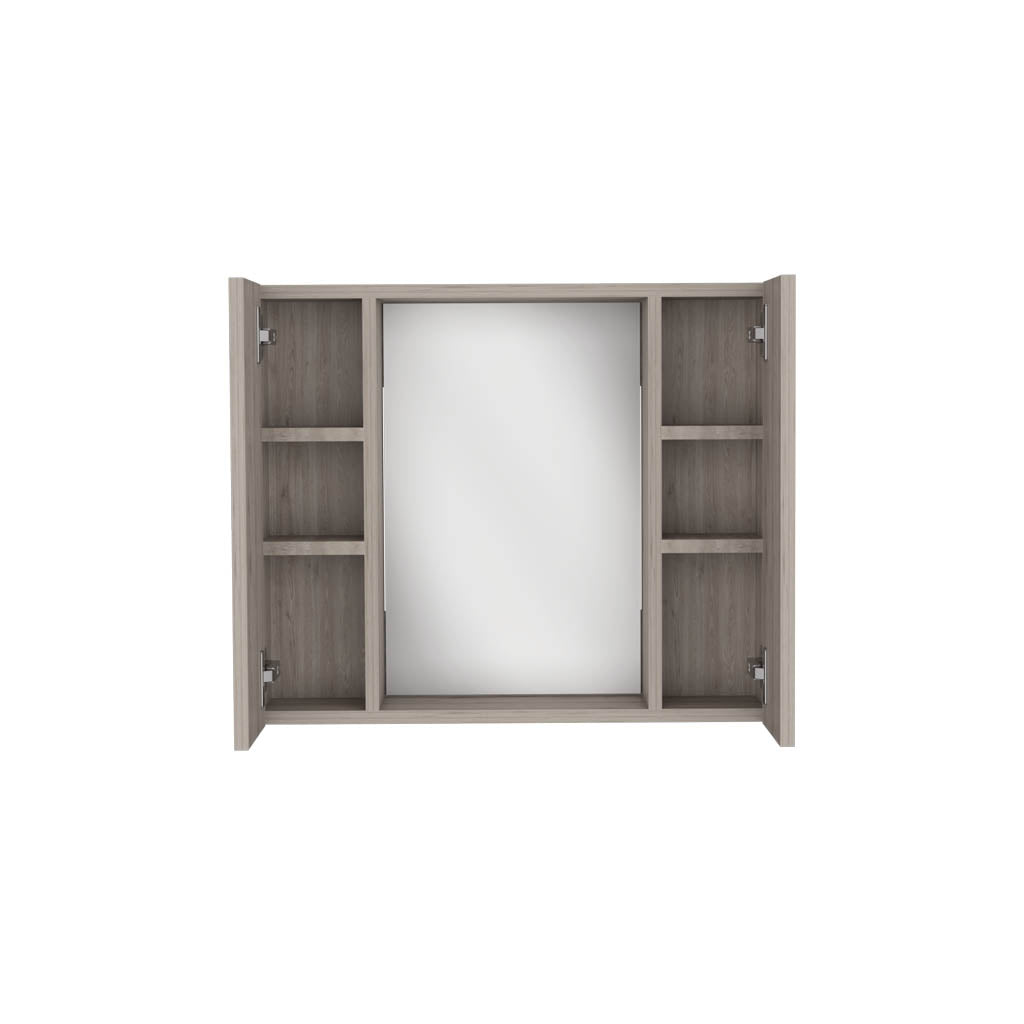 Gray wood medicine cabinet with mirrored doors and side shelves for bathroom storage