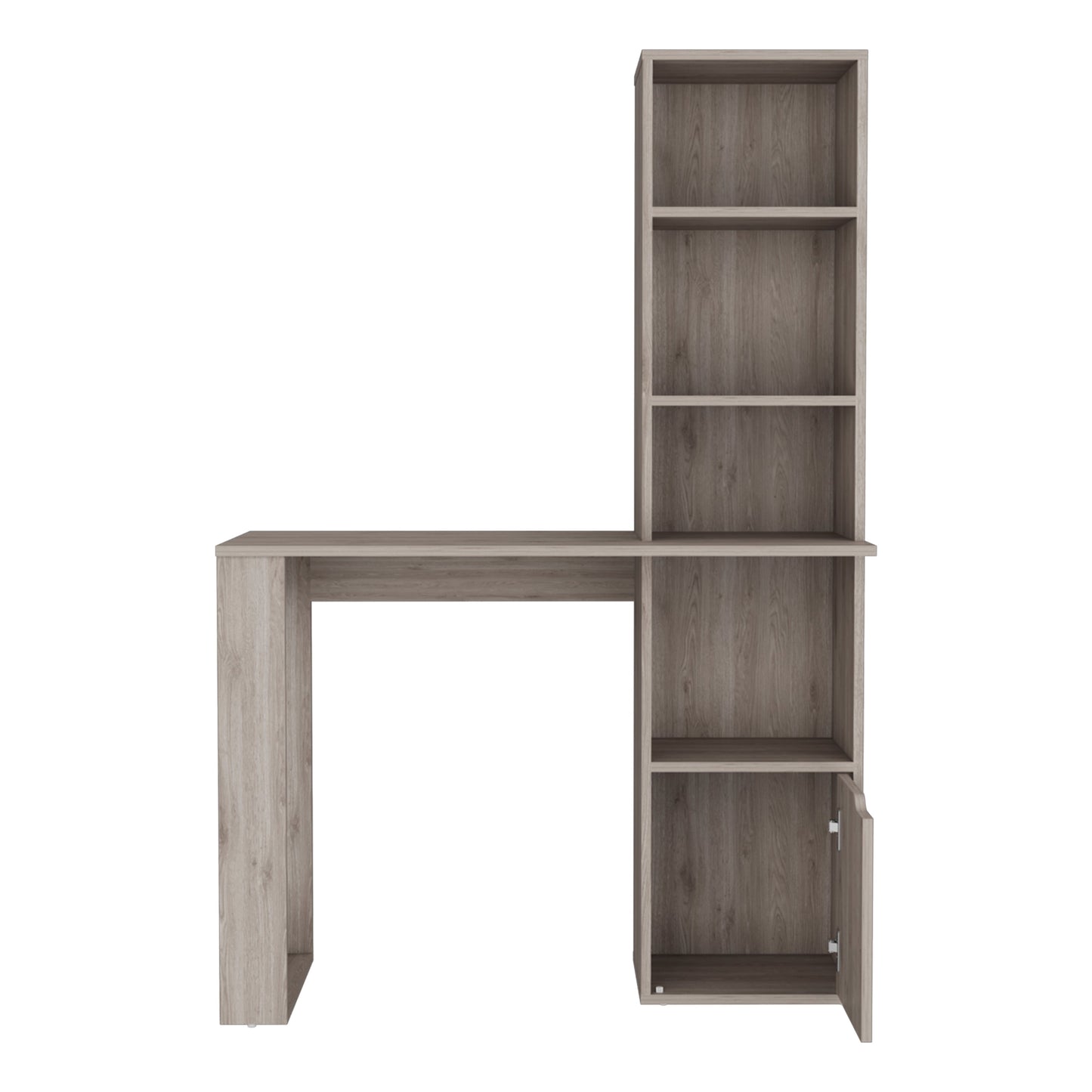 Rustic oak laminate desk with attached shelving unit and open cabinet