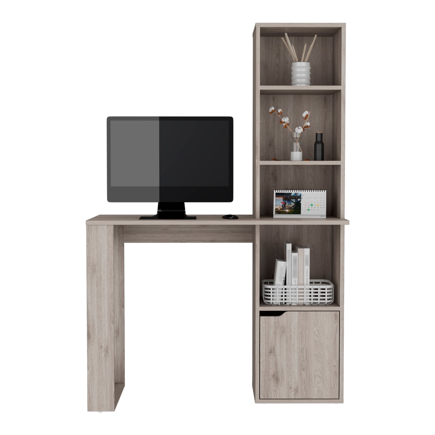 Light oak computer desk with integrated bookshelf for home office organization