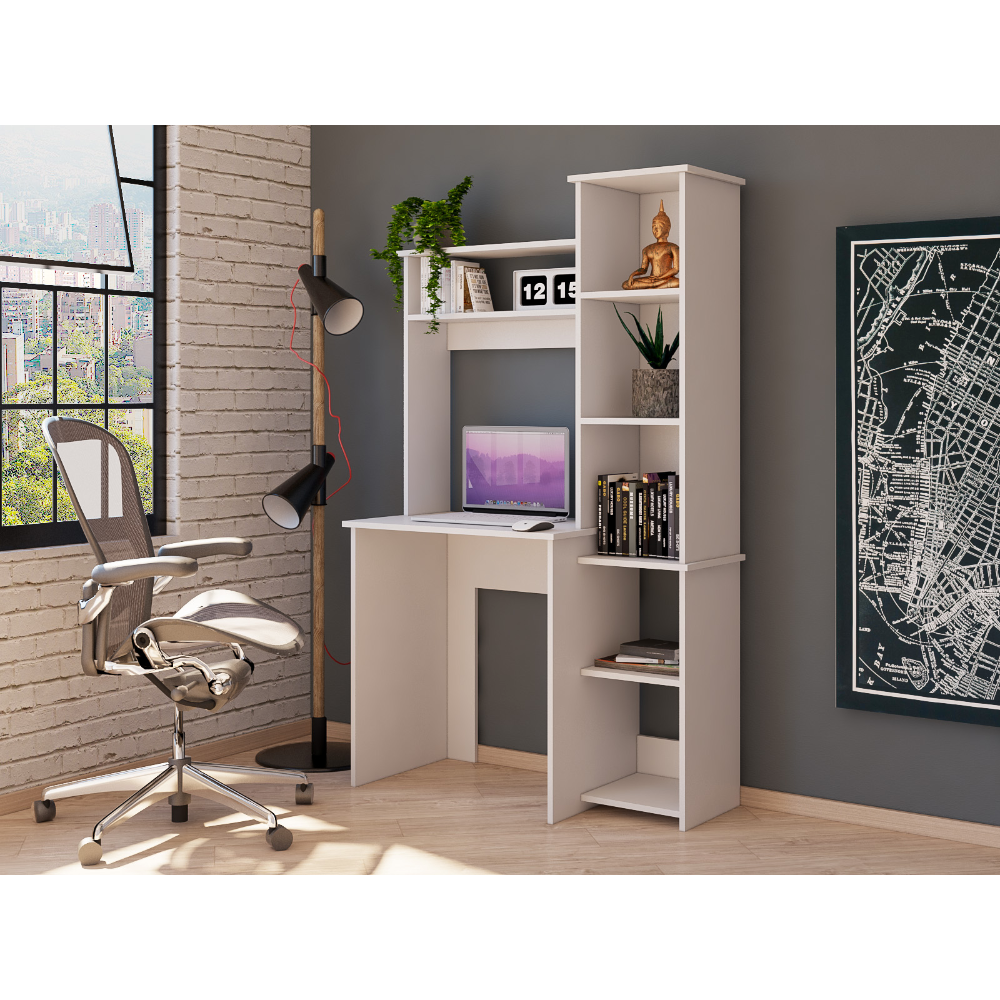 Modern white computer desk with integrated shelving and a laptop for home office setup
