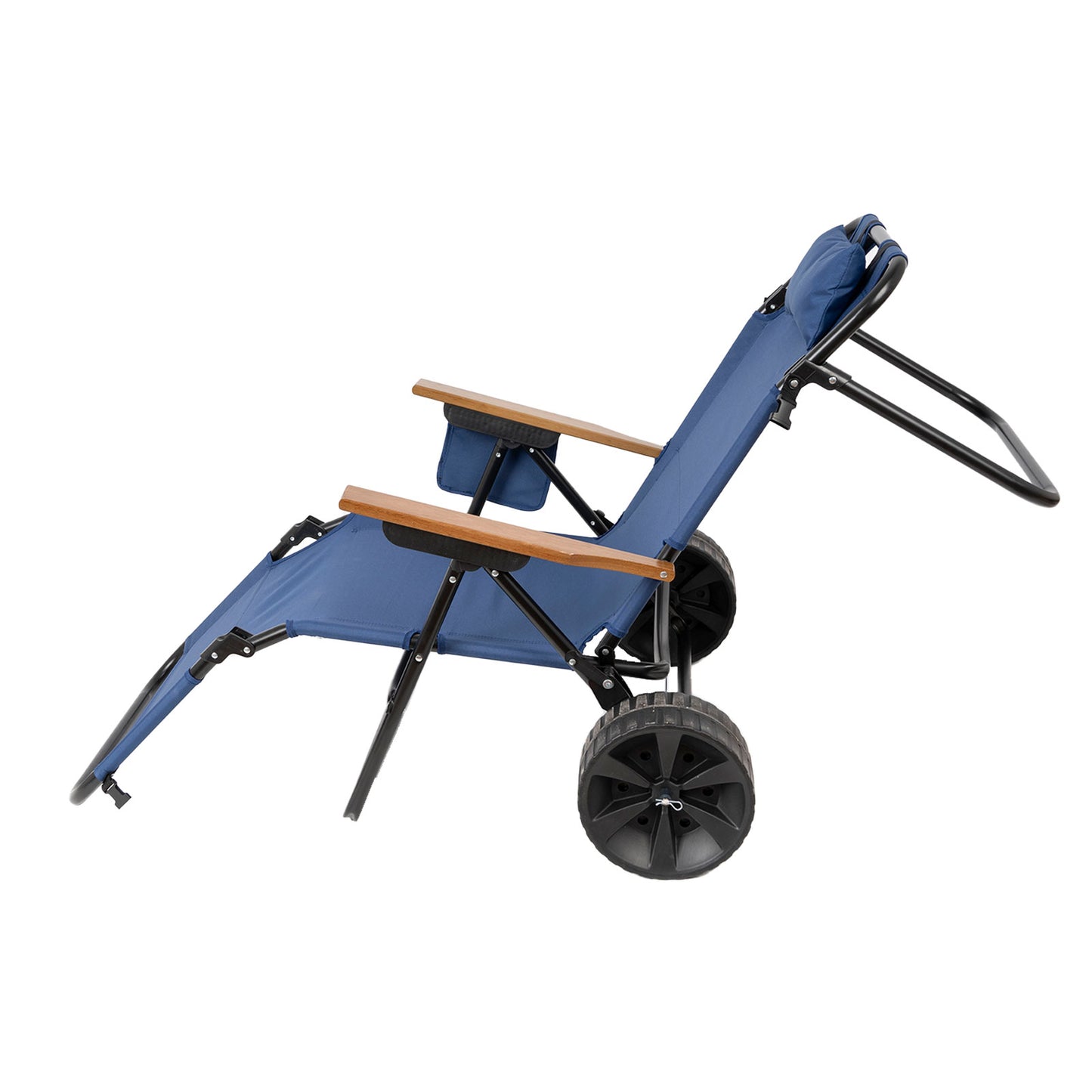 Blue canvas beach chair with wooden armrests and large wheels for easy transport