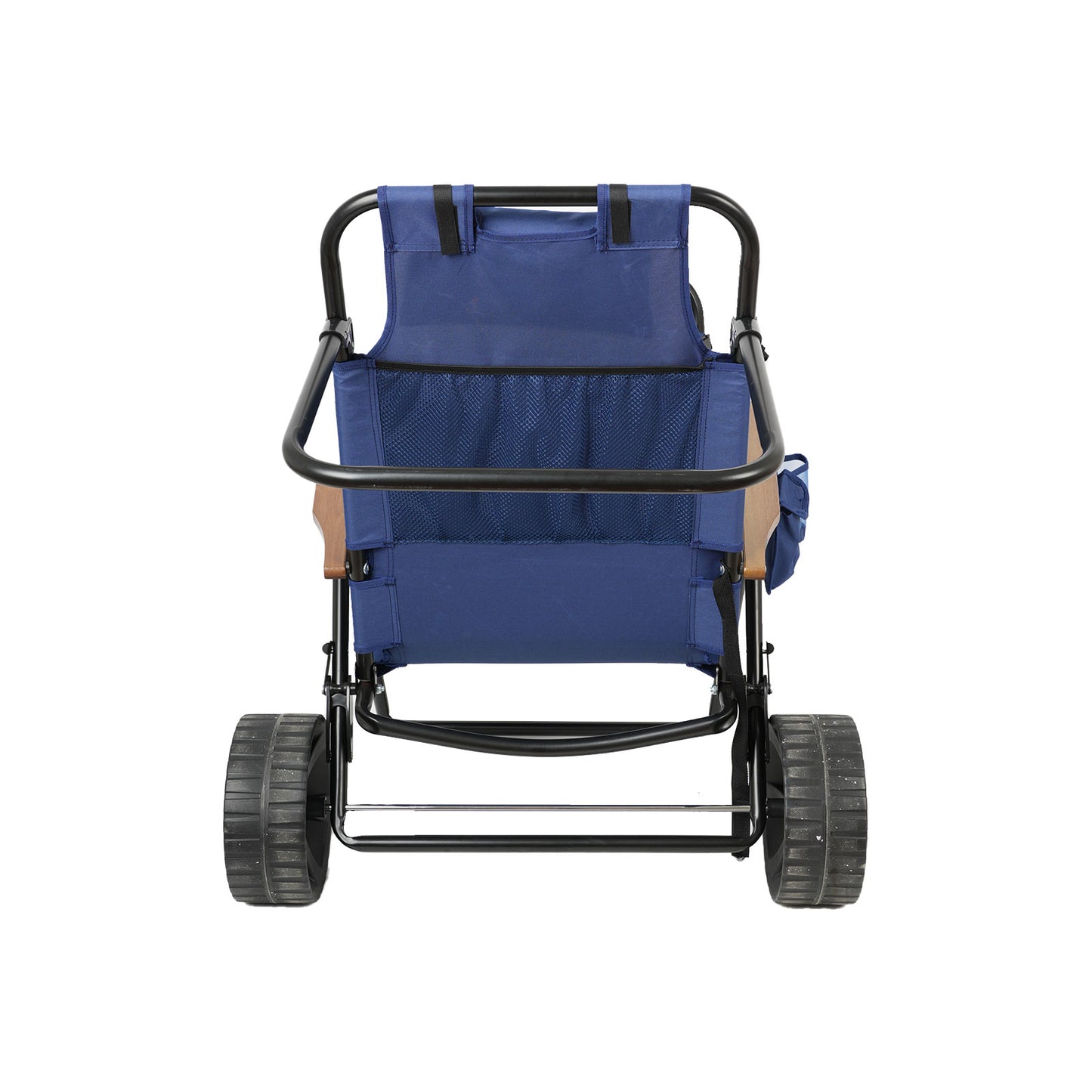Navy blue folding beach wagon with large wheels and mesh pocket