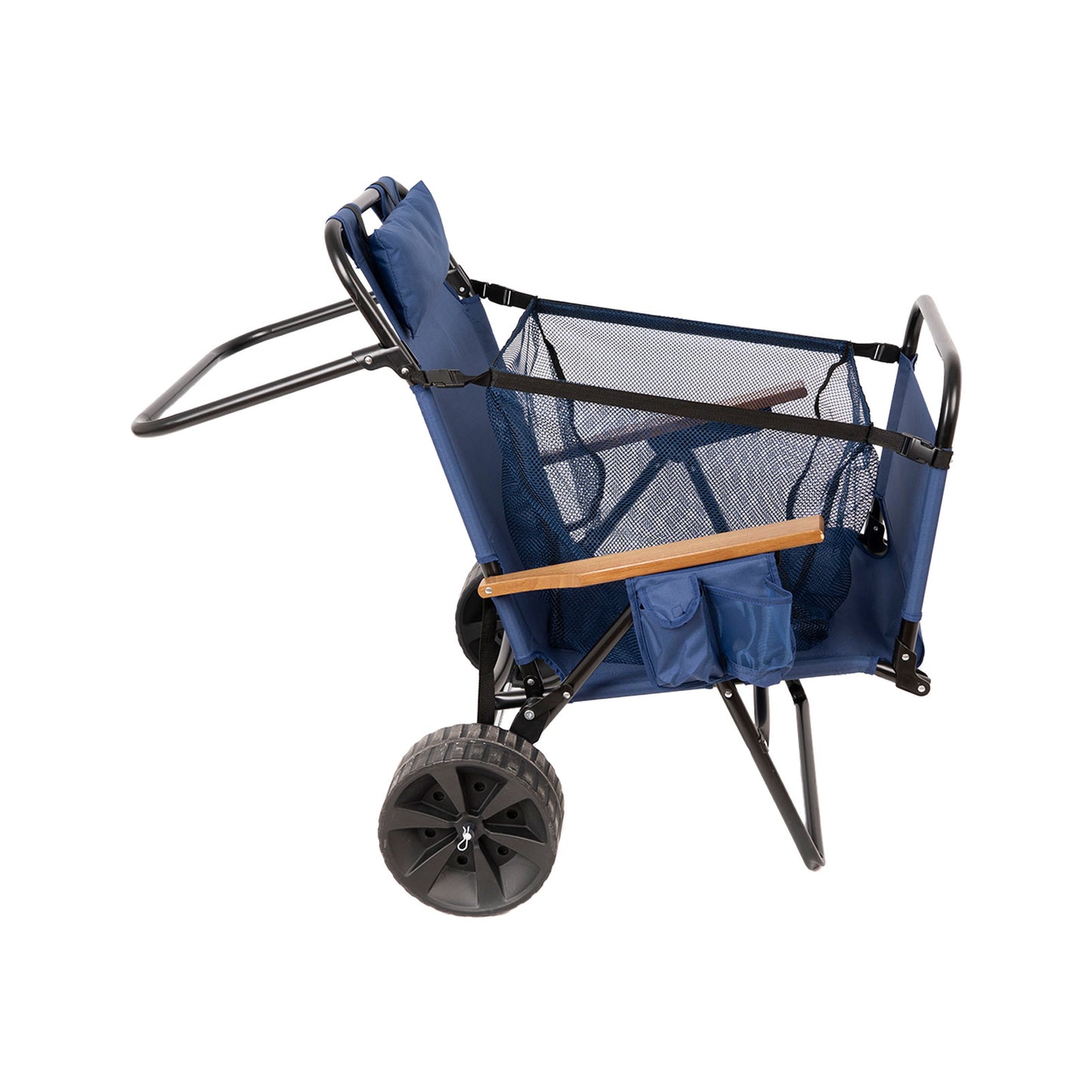 Navy blue collapsible beach wagon with large allterrain wheels and mesh storage